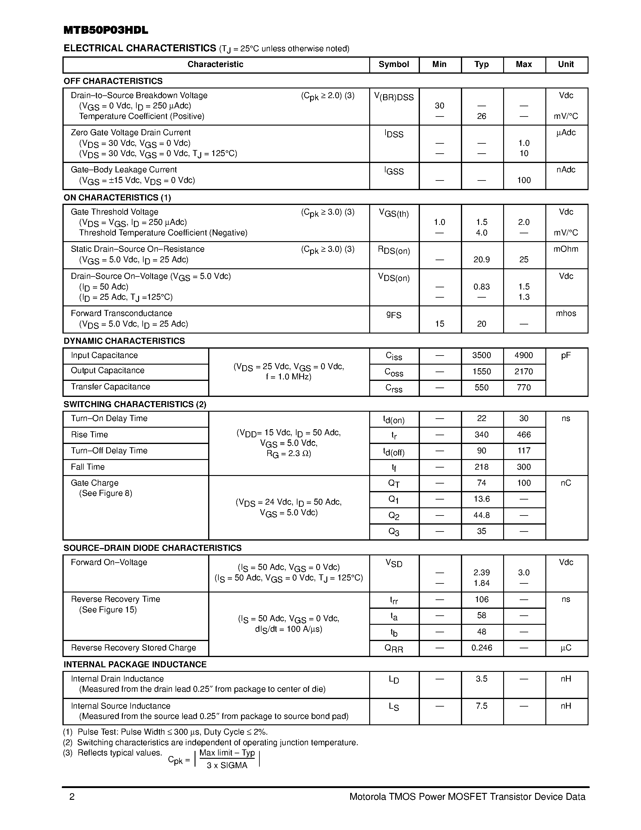 Даташит MTB50P03HDL - TMOS POWER FET LOGIC LEVEL 50 AMPERES 30 VOLTS страница 2