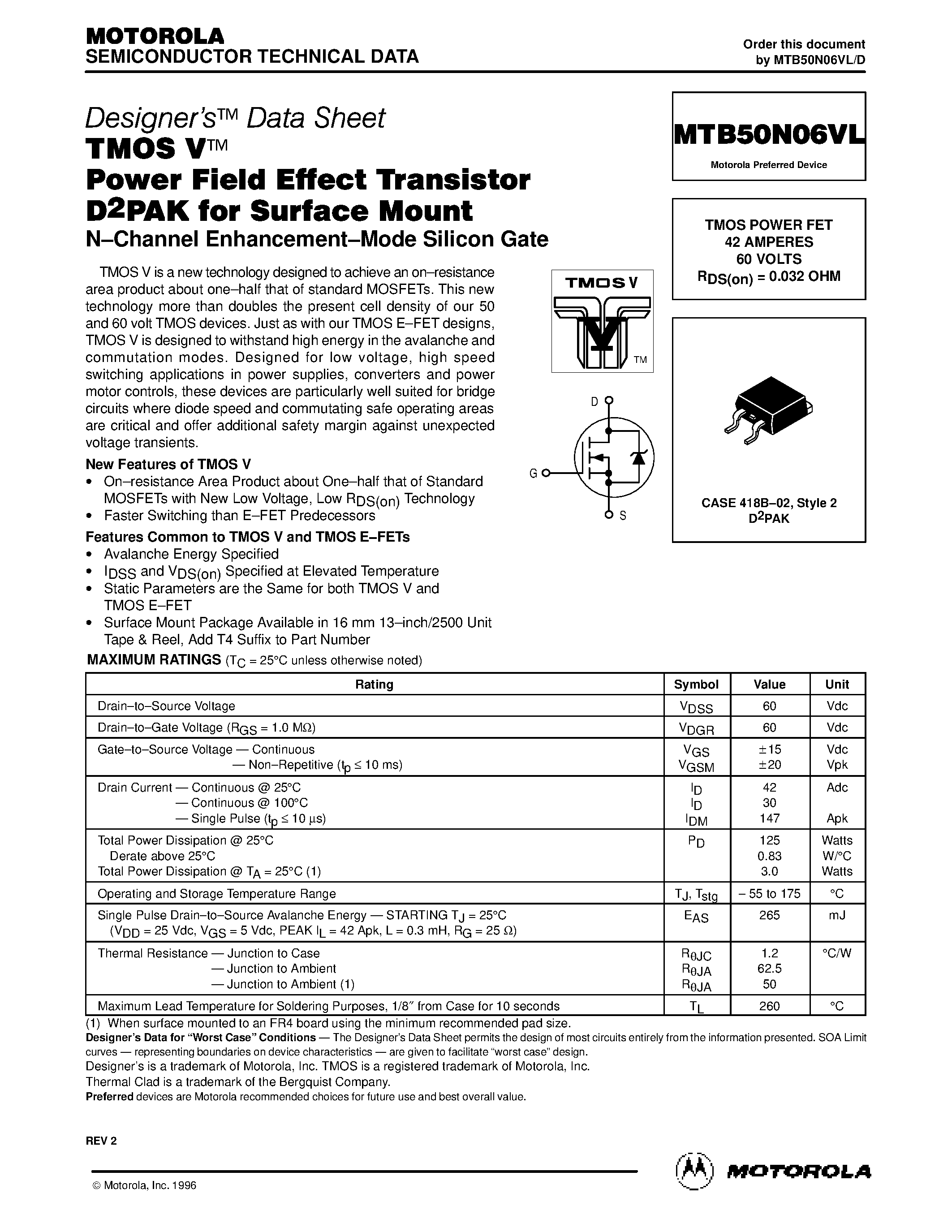 Даташит MTB50N06VL - TMOS POWER FET 42 AMPERES 60 VOLTS страница 1