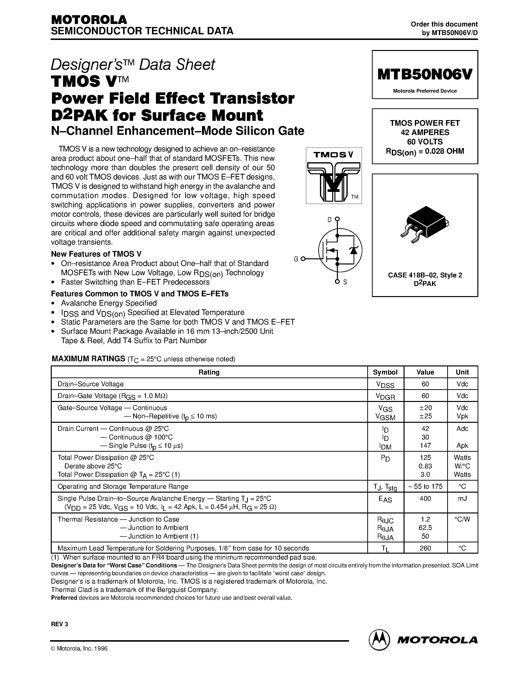 Datasheet MTB50N06V - TMOS POWER FET 42 AMPERES 60 VOLTS page 1