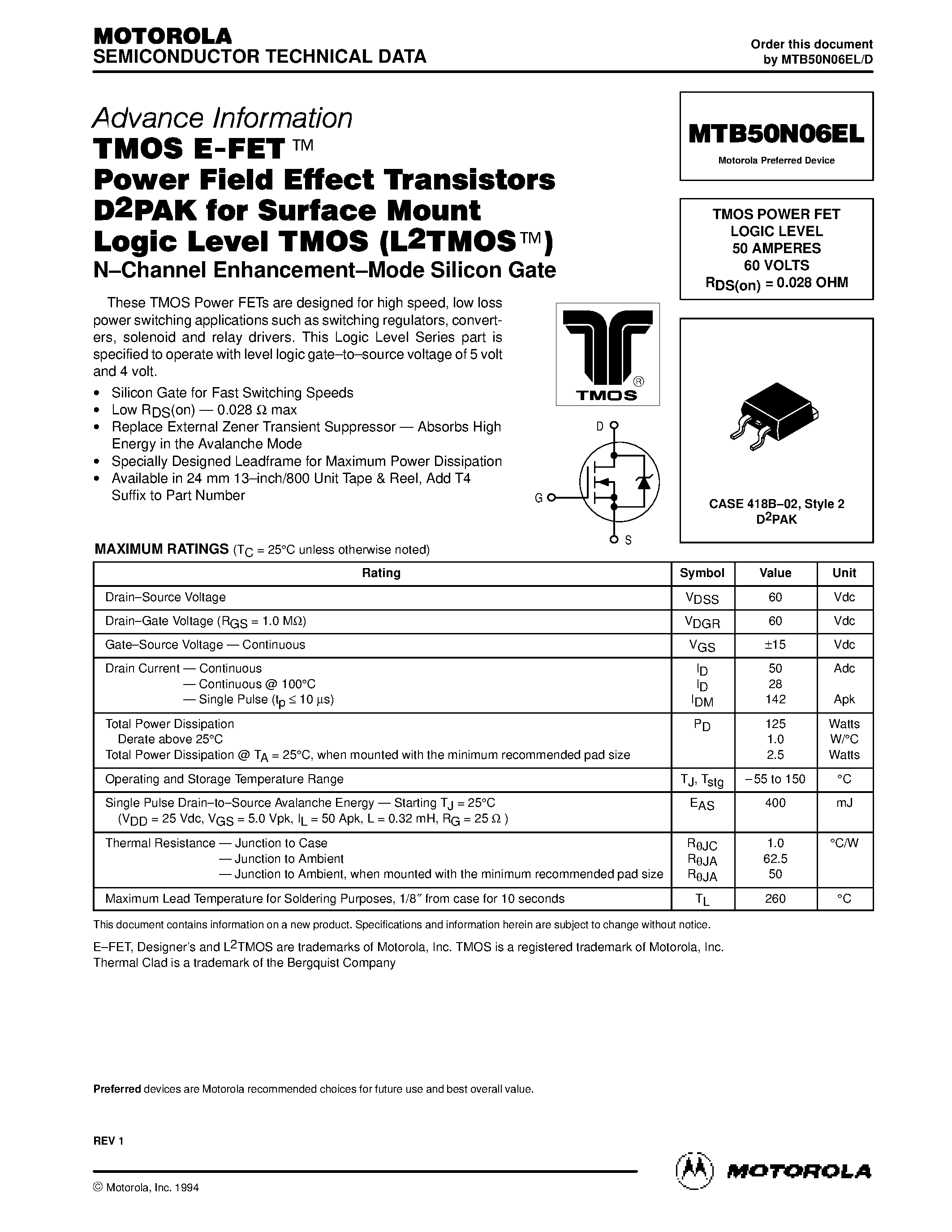 Даташит на микросхему MTB50N06EL страница 1 Даташит MTB50N06EL - TMOS POWER FET LOGIC LEVEL 50 AMPERES 60 VOLTS страница 1