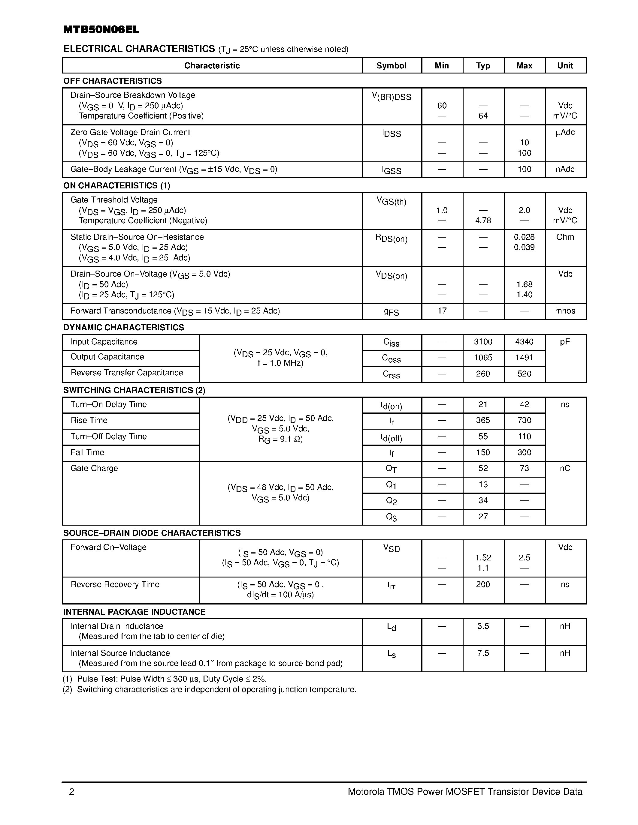 Даташит на микросхему MTB50N06EL страница 2 Даташит MTB50N06EL - TMOS POWER FET LOGIC LEVEL 50 AMPERES 60 VOLTS страница 2