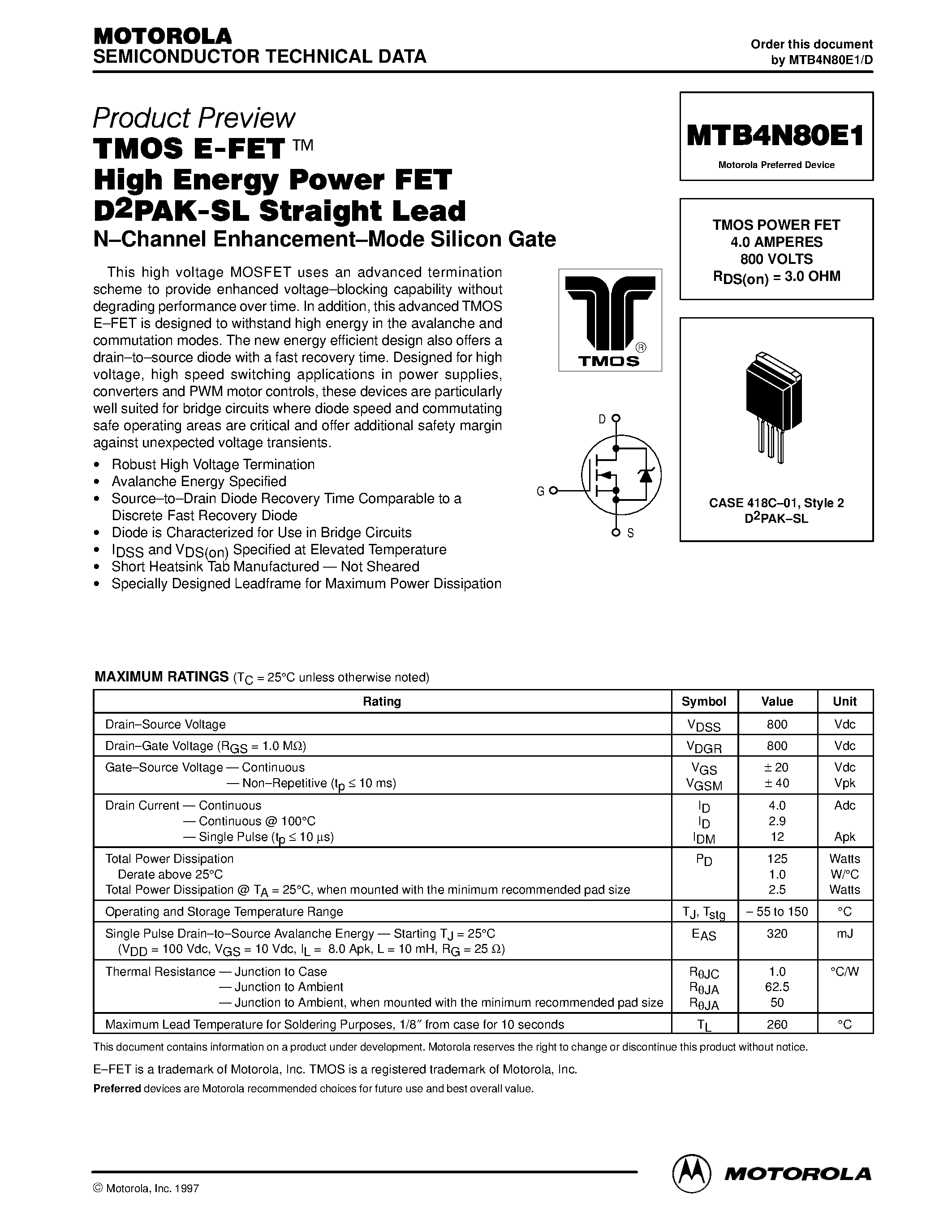 Datasheet MTB4N80E1 - TMOS POWER FET 4.0 AMPERES 800 VOLTS page 1