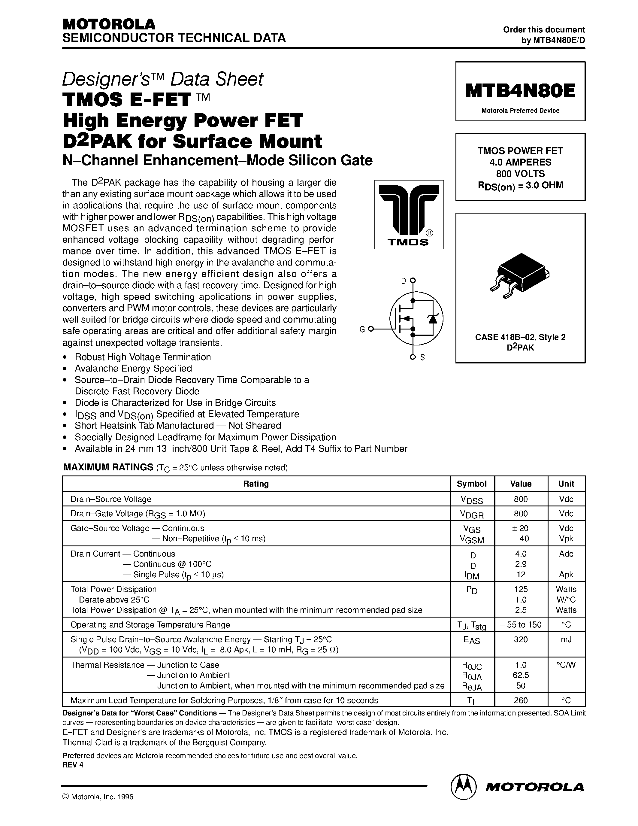 Даташит MTB4N80E - TMOS POWER FET 4.0 AMPERES 800 VOLTS страница 1
