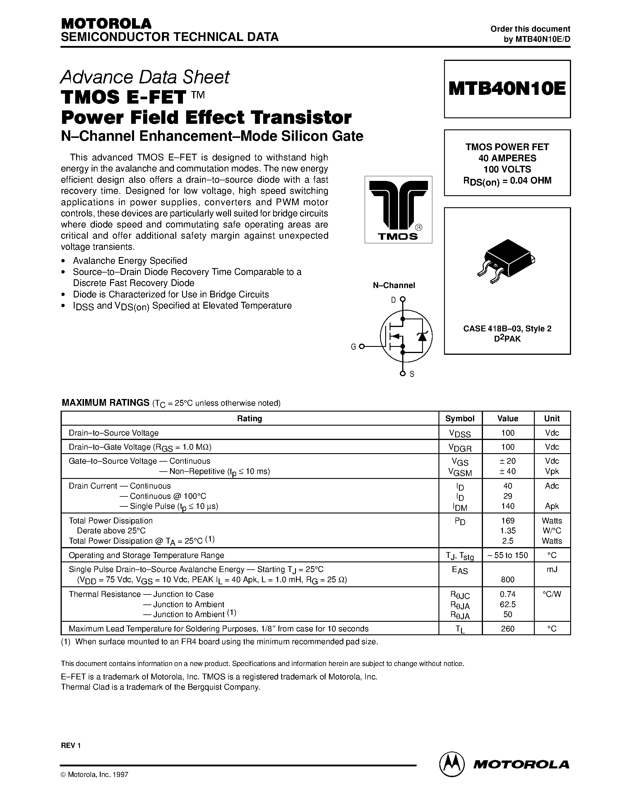 Datasheet MTB40N10E - TMOS POWER FET 40 AMPERES 100 VOLTS page 1