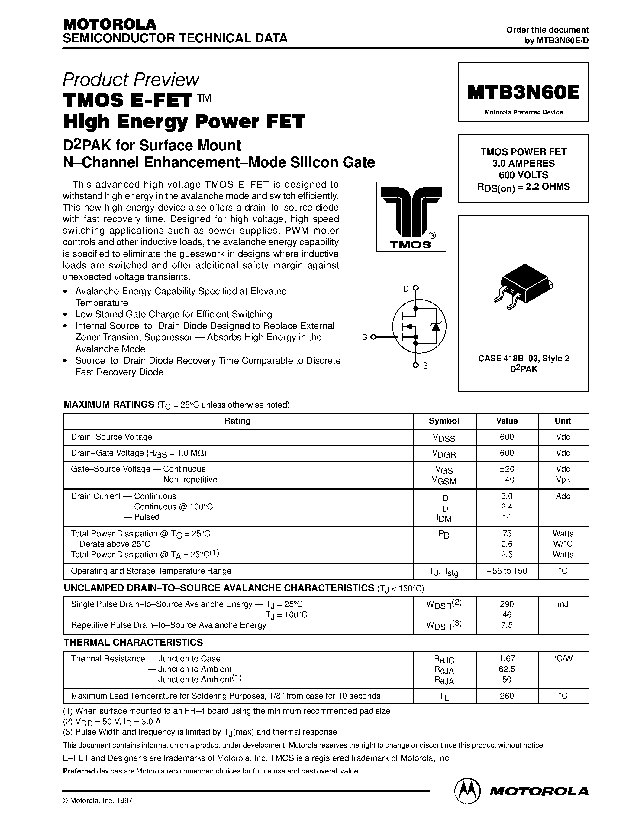 Даташит MTB3N60E - TMOS POWER FET 3.0 AMPERES 600 VOLTS страница 1