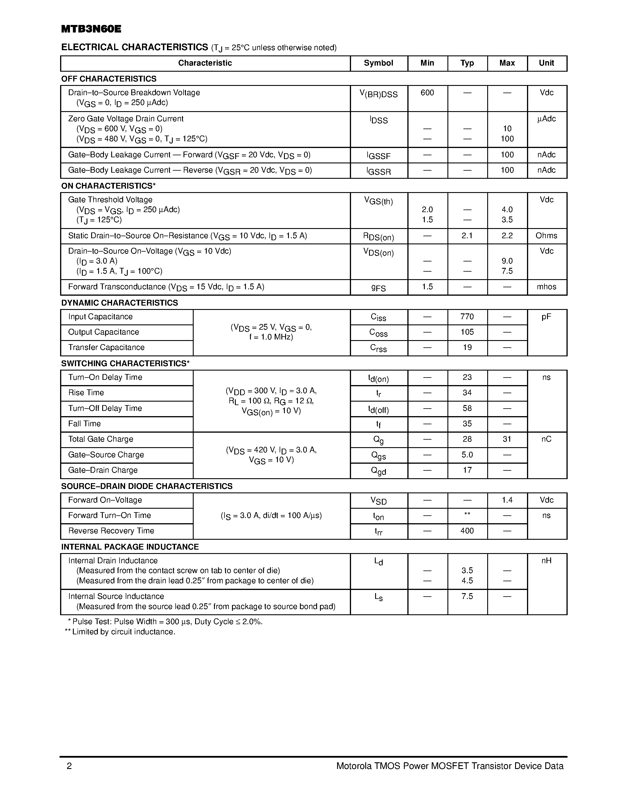 Даташит MTB3N60E - TMOS POWER FET 3.0 AMPERES 600 VOLTS страница 2