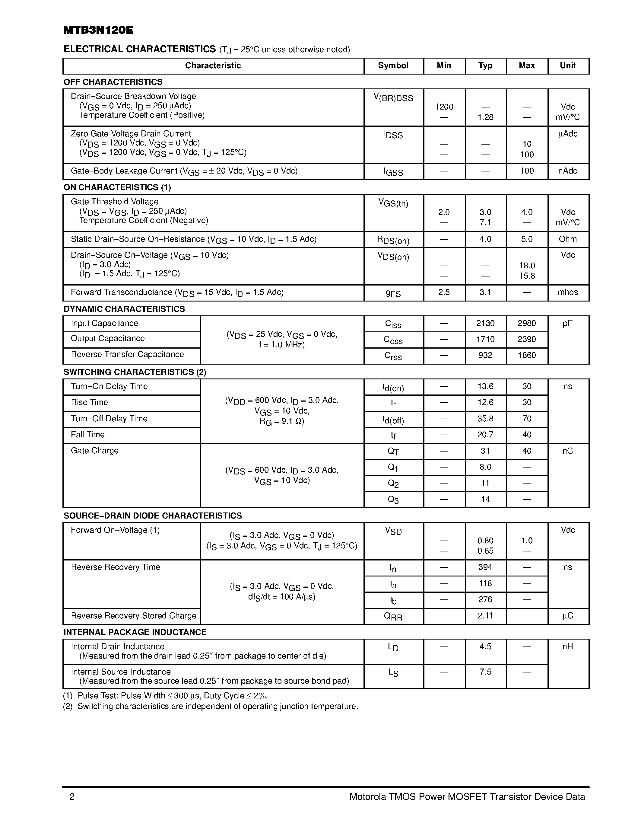Даташит на микросхему MTB3N120E страница 2 Даташит MTB3N120E - TMOS POWER FET 3.0 AMPERES 1200 VOLTS страница 2