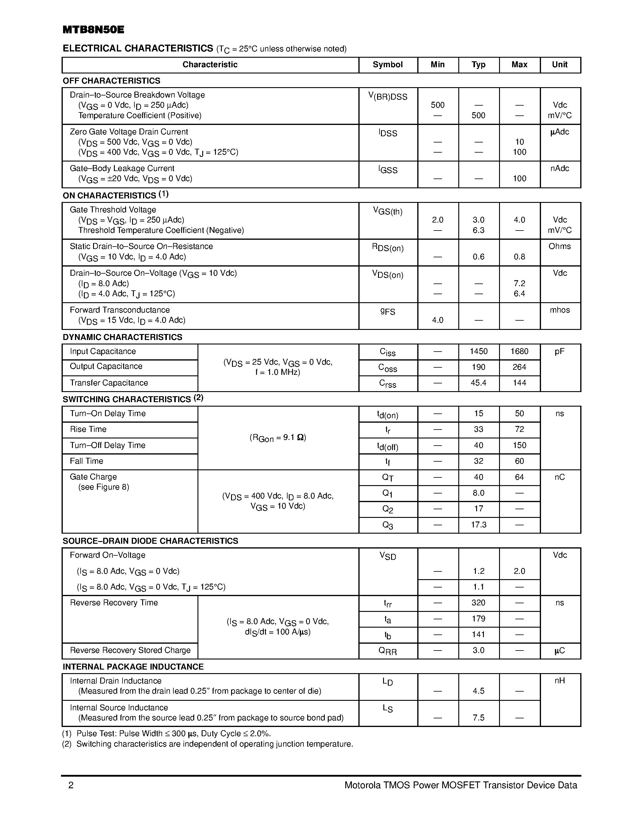Даташит MTB8N50E - TMOS POWER FET 8.0 AMPERES 500 VOLTS страница 2