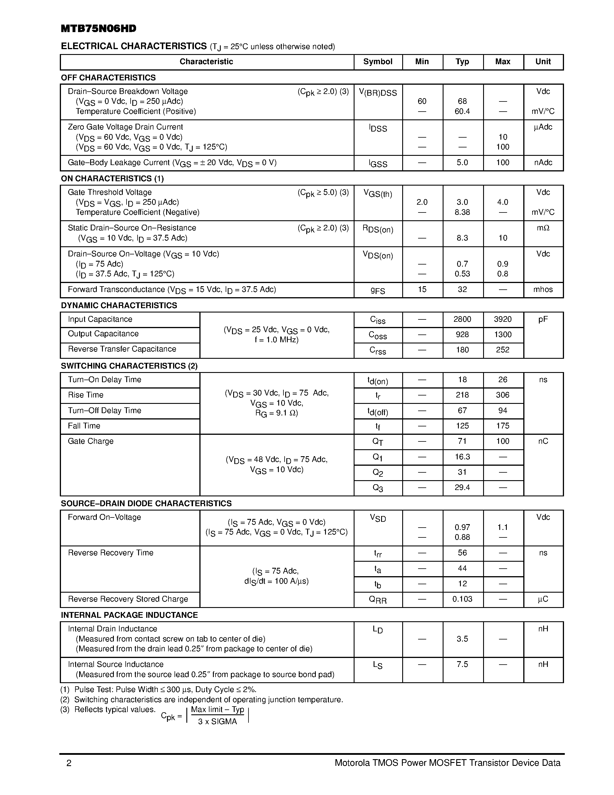 Даташит MTB75N06HD - TMOS POWER FET 75 AMPERES 60 VOLTS страница 2