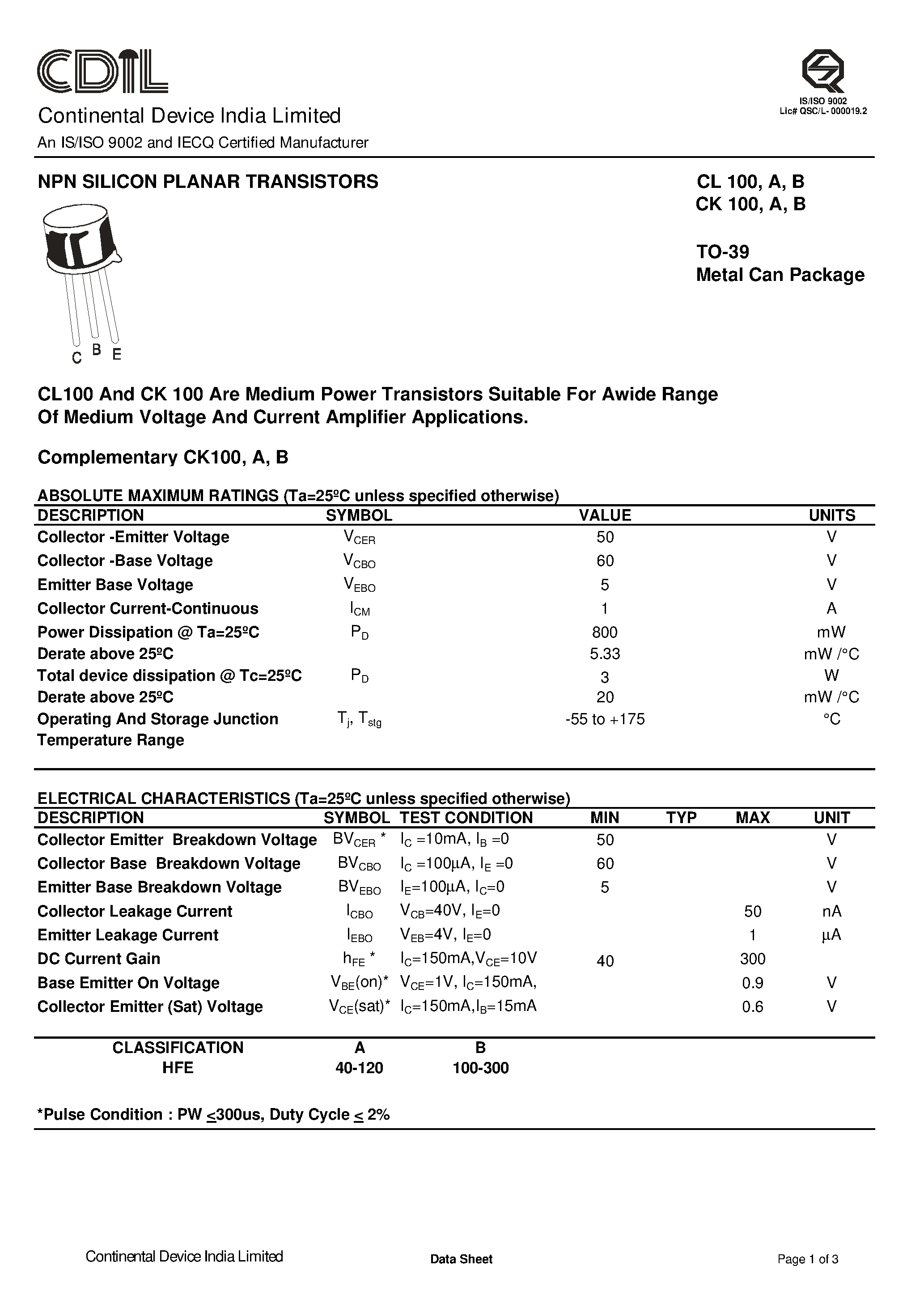 Даташит CL100 - NPN Silicon Planar Transistors страница 1