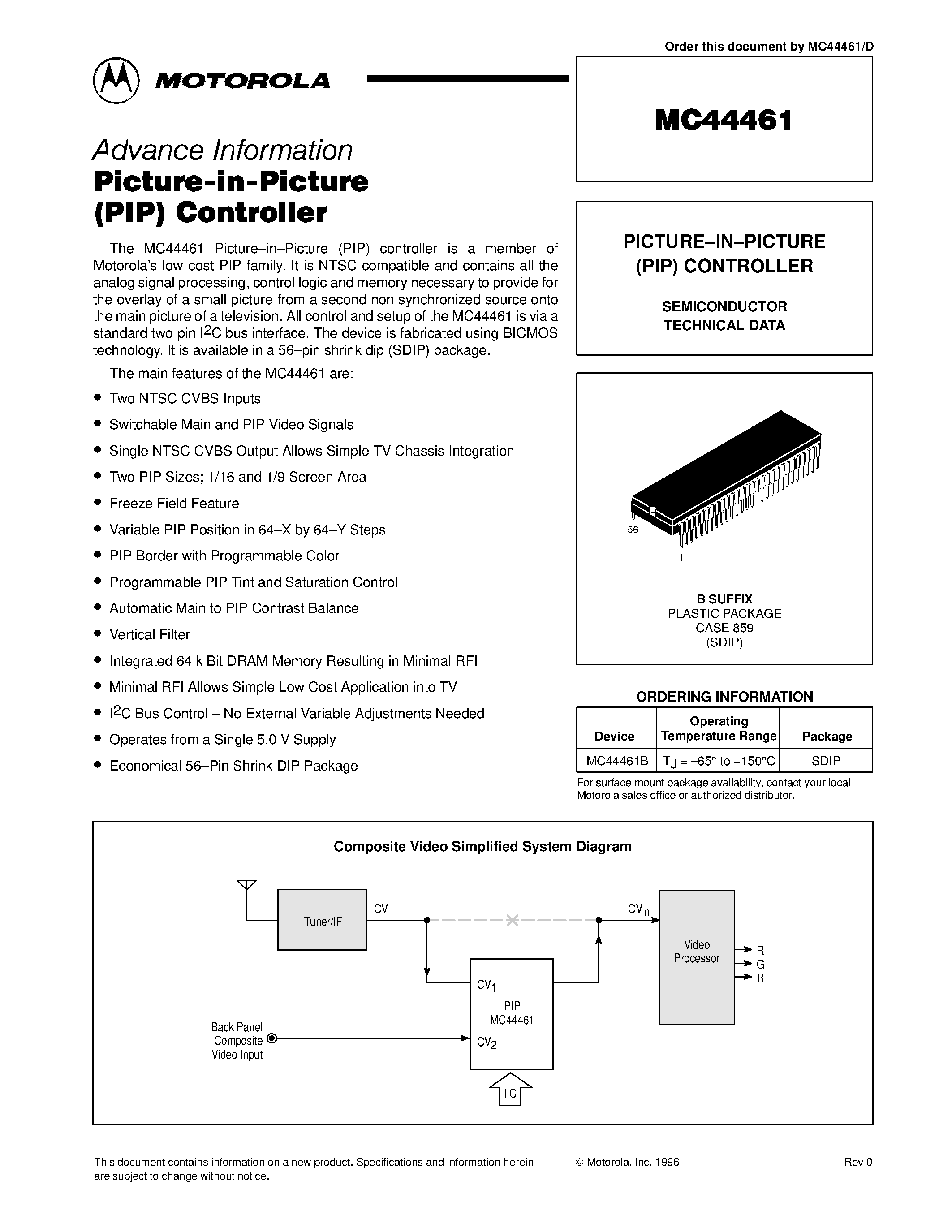 Datasheet MC44461 page 1 Datasheet MC44461 - PICTURE-IN-PICTURE (PIP) CONTROLLER page 1