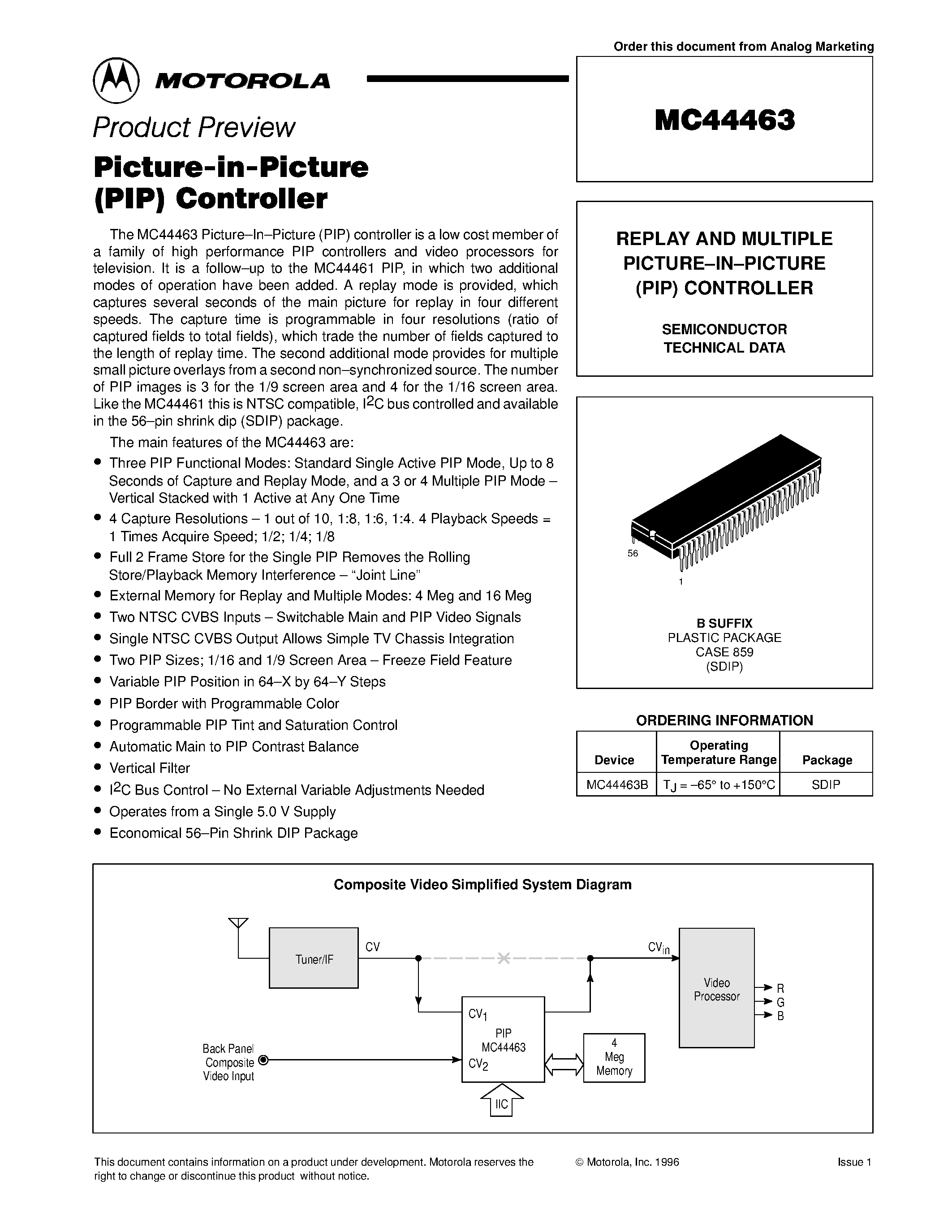 Datasheet MC44463 - REPLAY AND MULTIPLE PICTURE-IN-PICTURE (PIP) CONTROLLER page 1