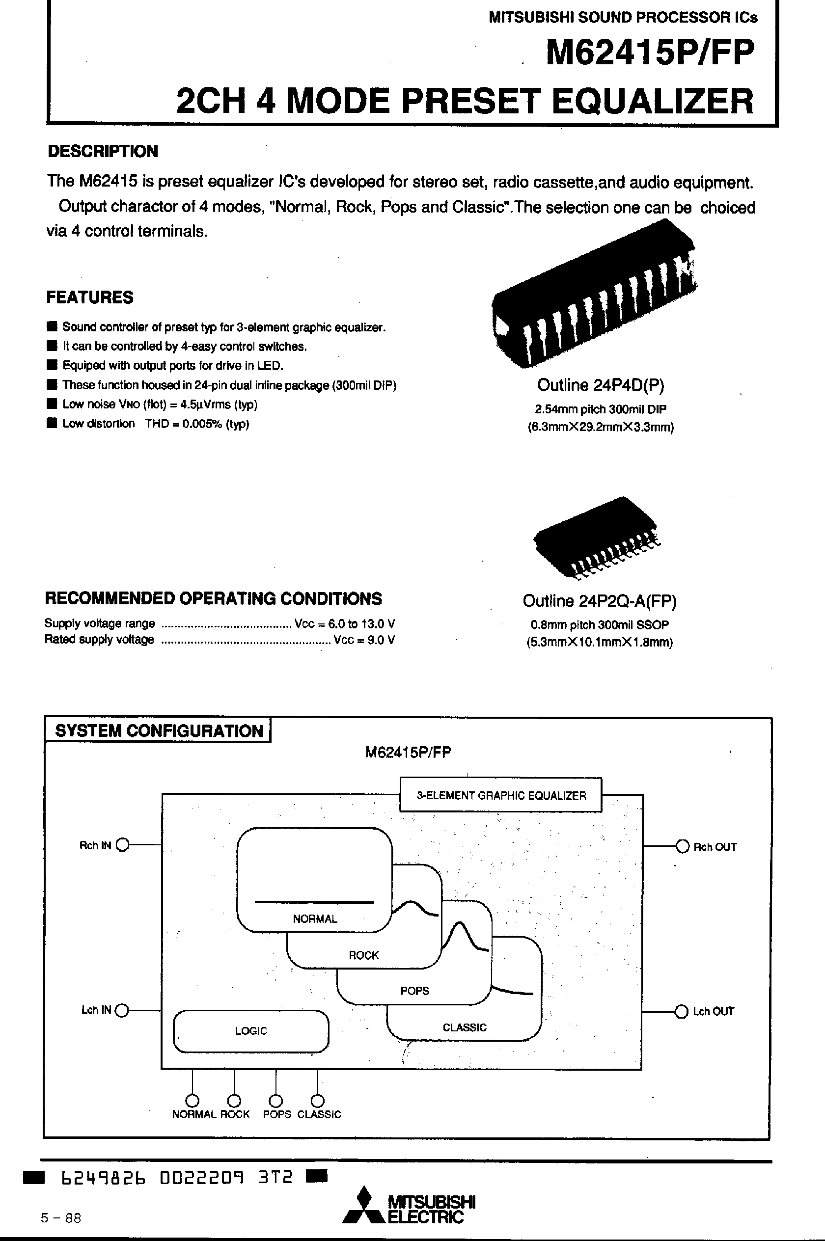 Datasheet M62415 - 2CH 4 Mode Preset Equalizer page 1
