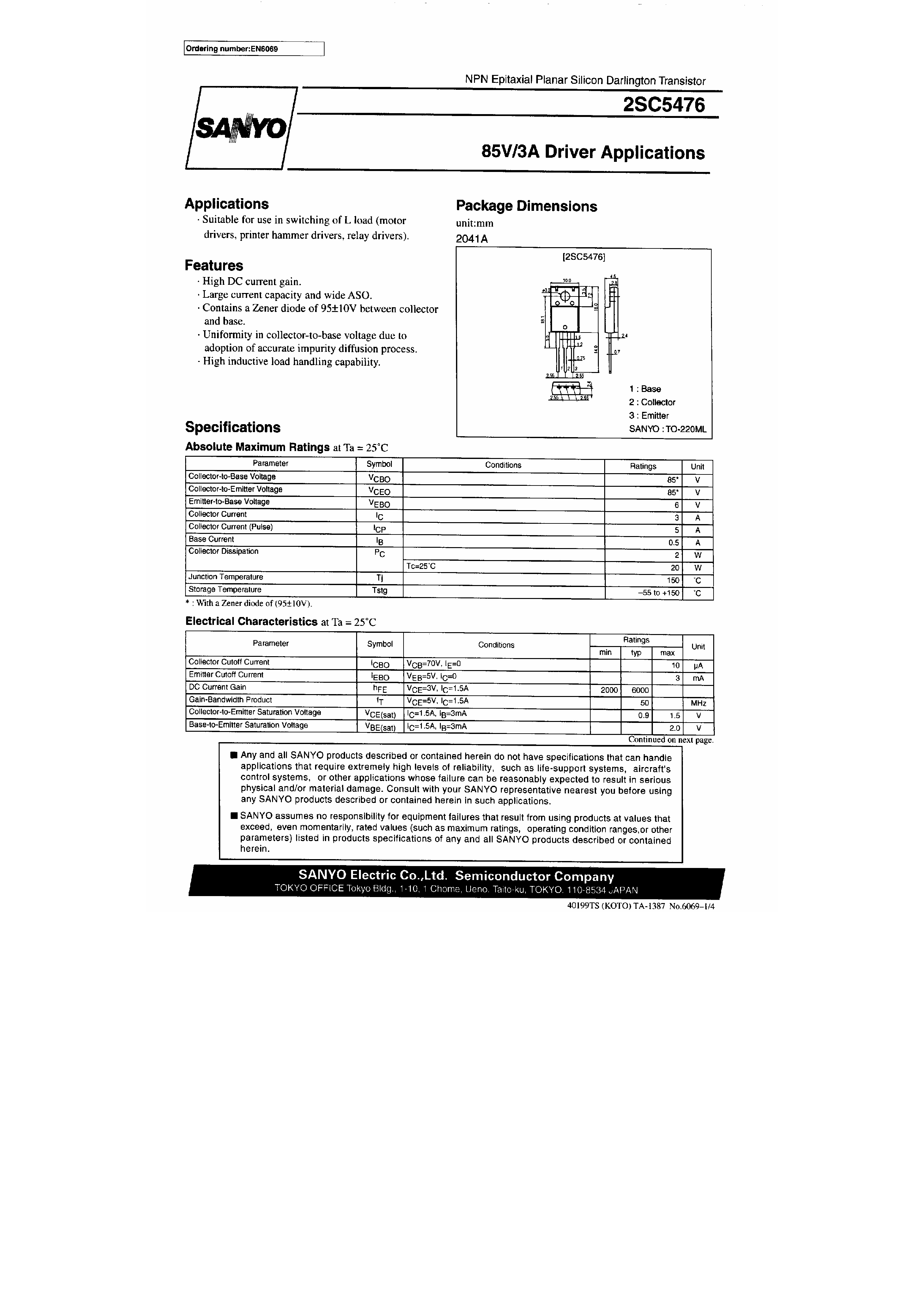 Datasheet 2SC5476 - 85V/3A Driver Applications page 1