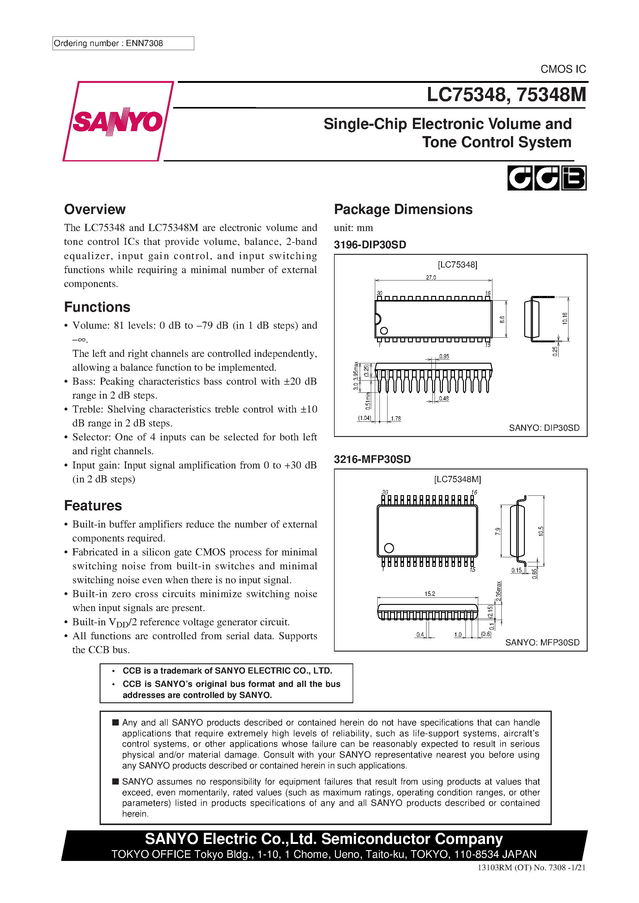Даташит LC75348 - Single-Chip Electronic Volume and Tone Control System страница 1