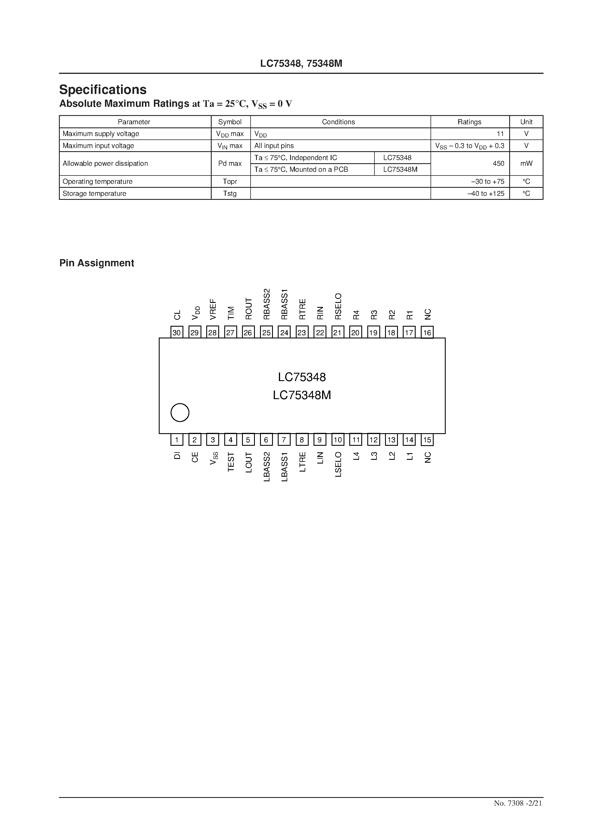 Даташит LC75348 - Single-Chip Electronic Volume and Tone Control System страница 2