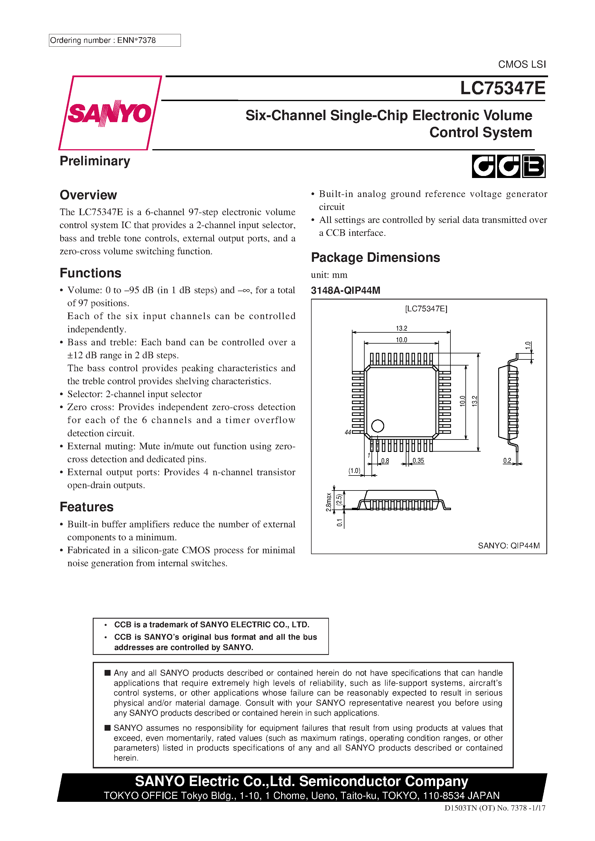 Даташит LC75347E - 6-Channel Single-Chip Electronic Volume Control System страница 1