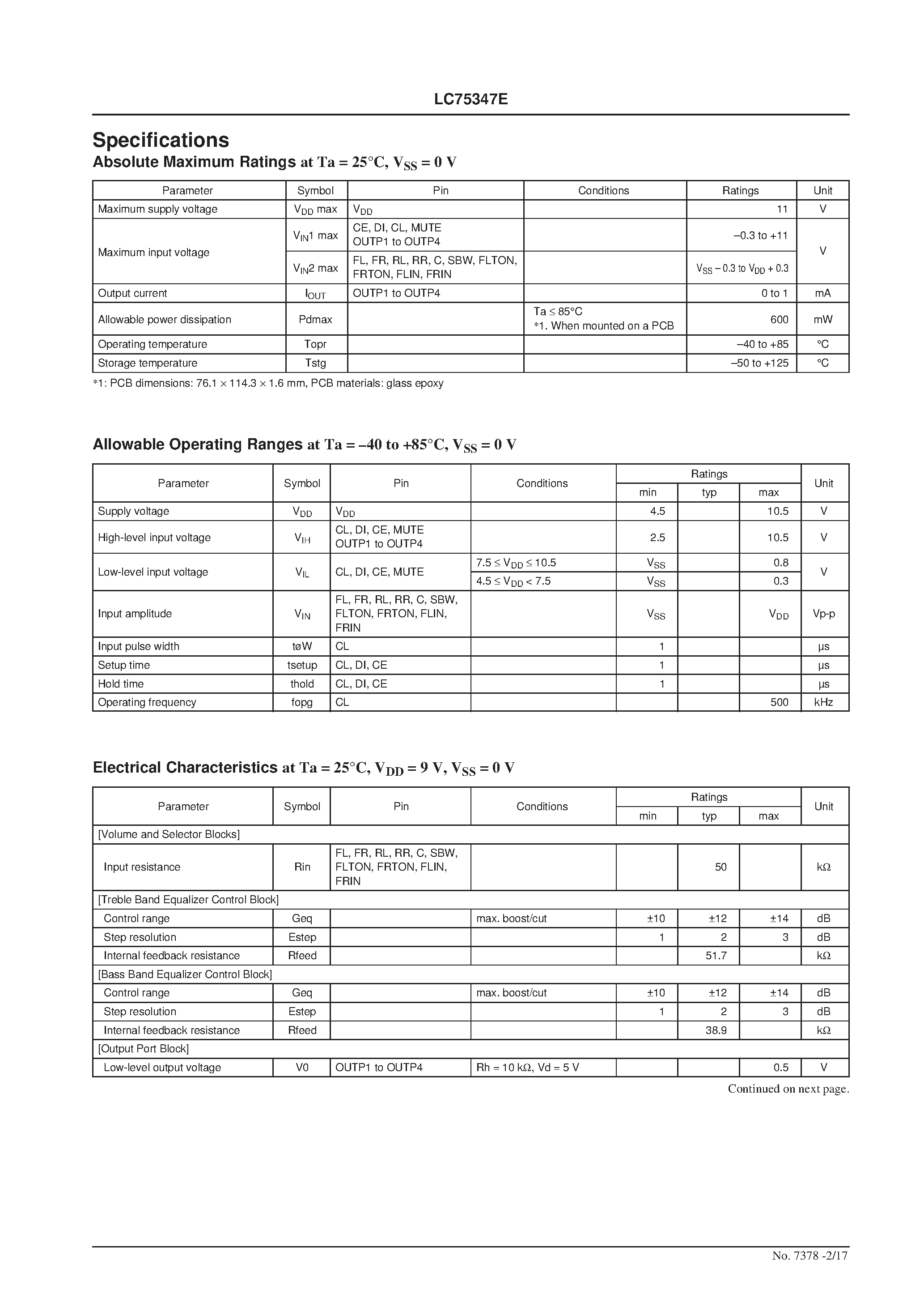 Даташит LC75347E - 6-Channel Single-Chip Electronic Volume Control System страница 2