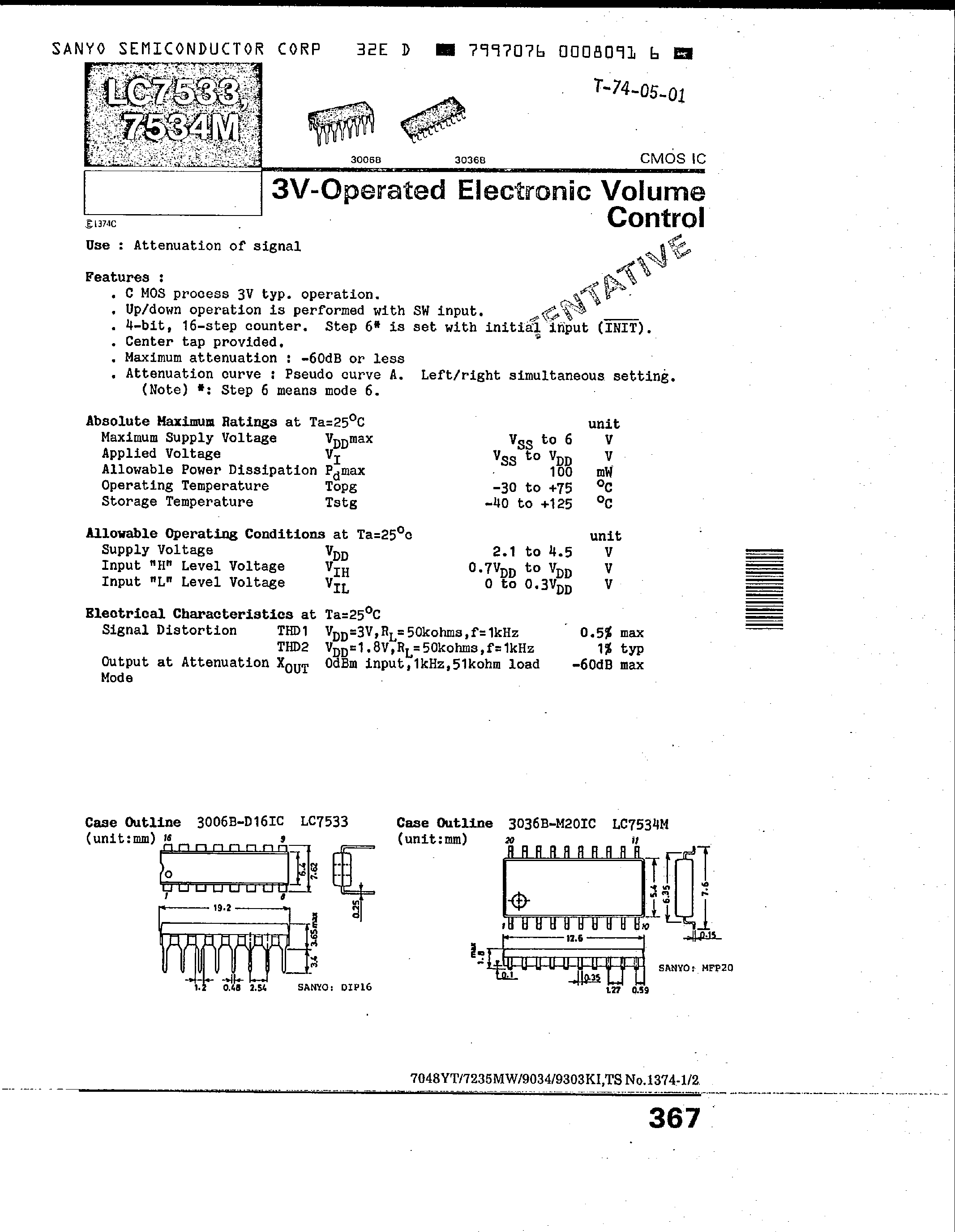 Даташит на микросхему LC7533 страница 1 Даташит LC7533 - (LC7534M) 3V Operated Electronic Volume Control страница 1