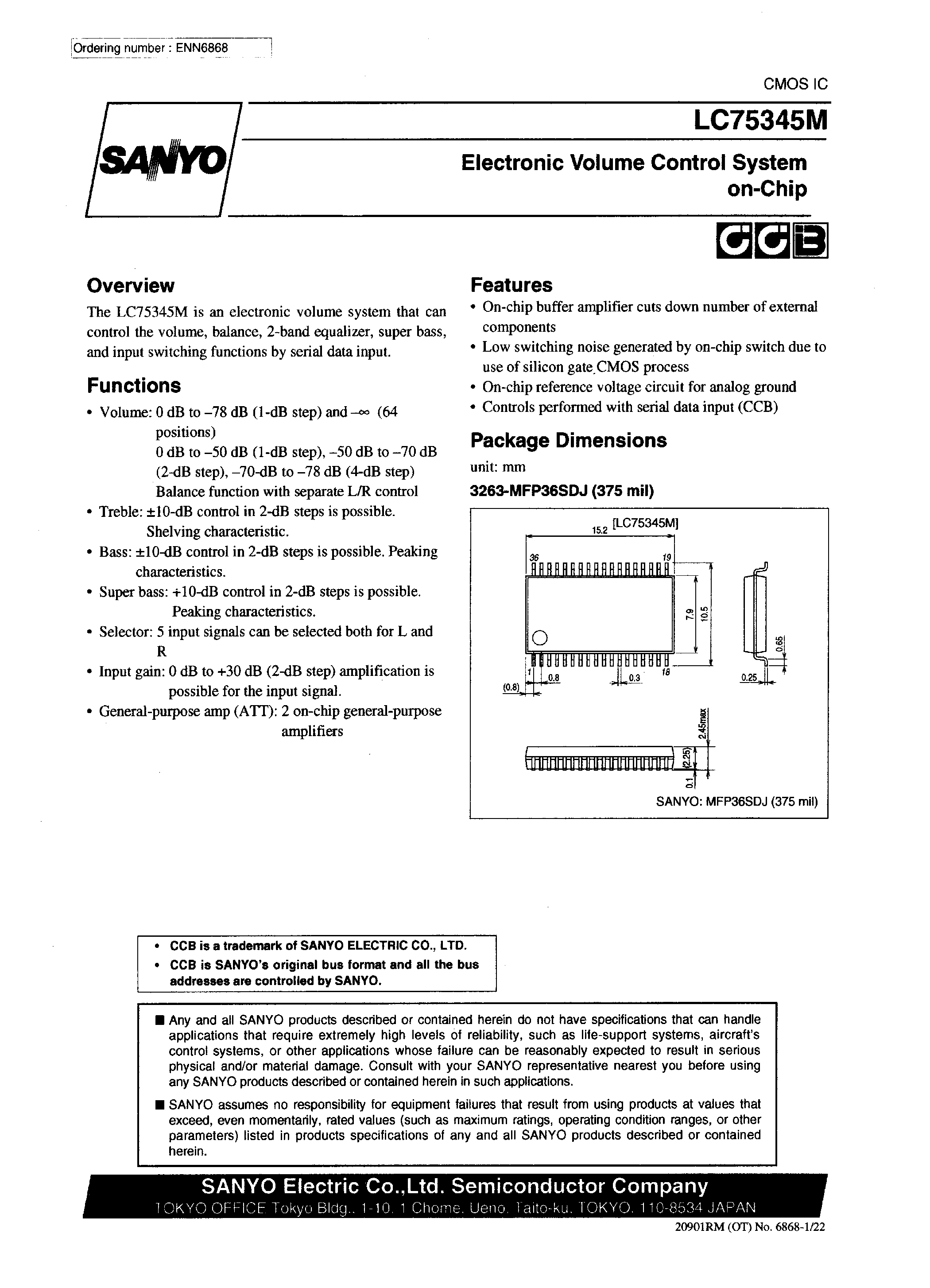 Даташит LC75345M - Electronic Volume Control System on-Chip страница 1