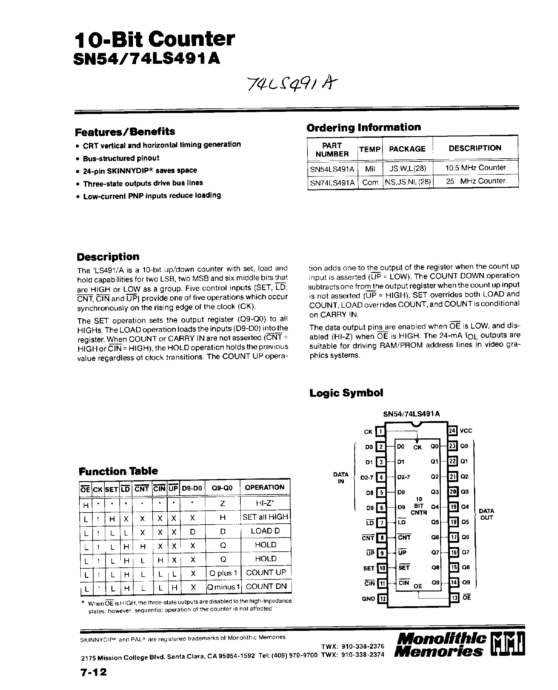 Datasheet SN74LS491A page 1 Datasheet SN74LS491A - 10-Bit Counter page 1