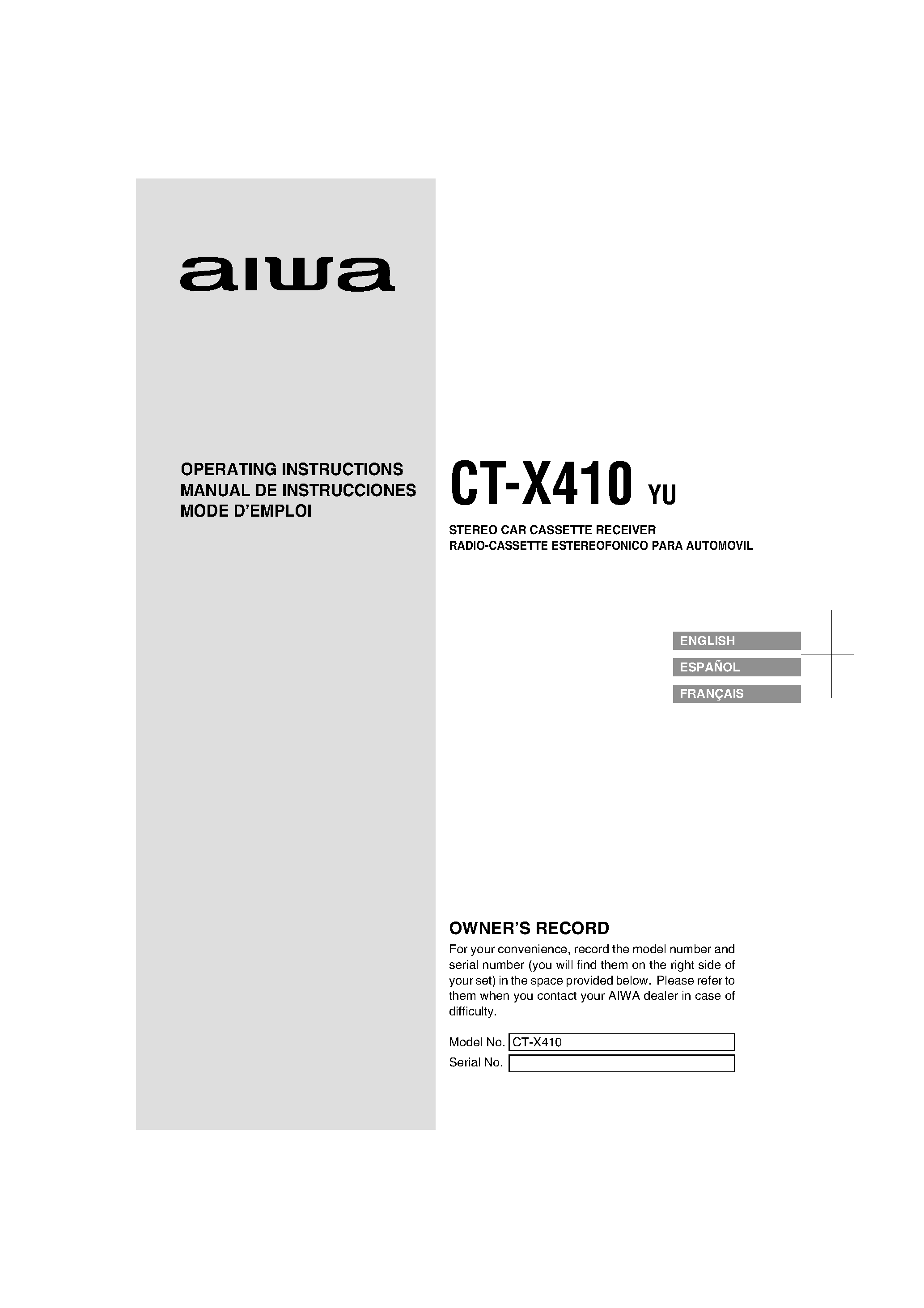 Даташит CT-X410(yu) - Stereo Car Cassette Receiver страница 1