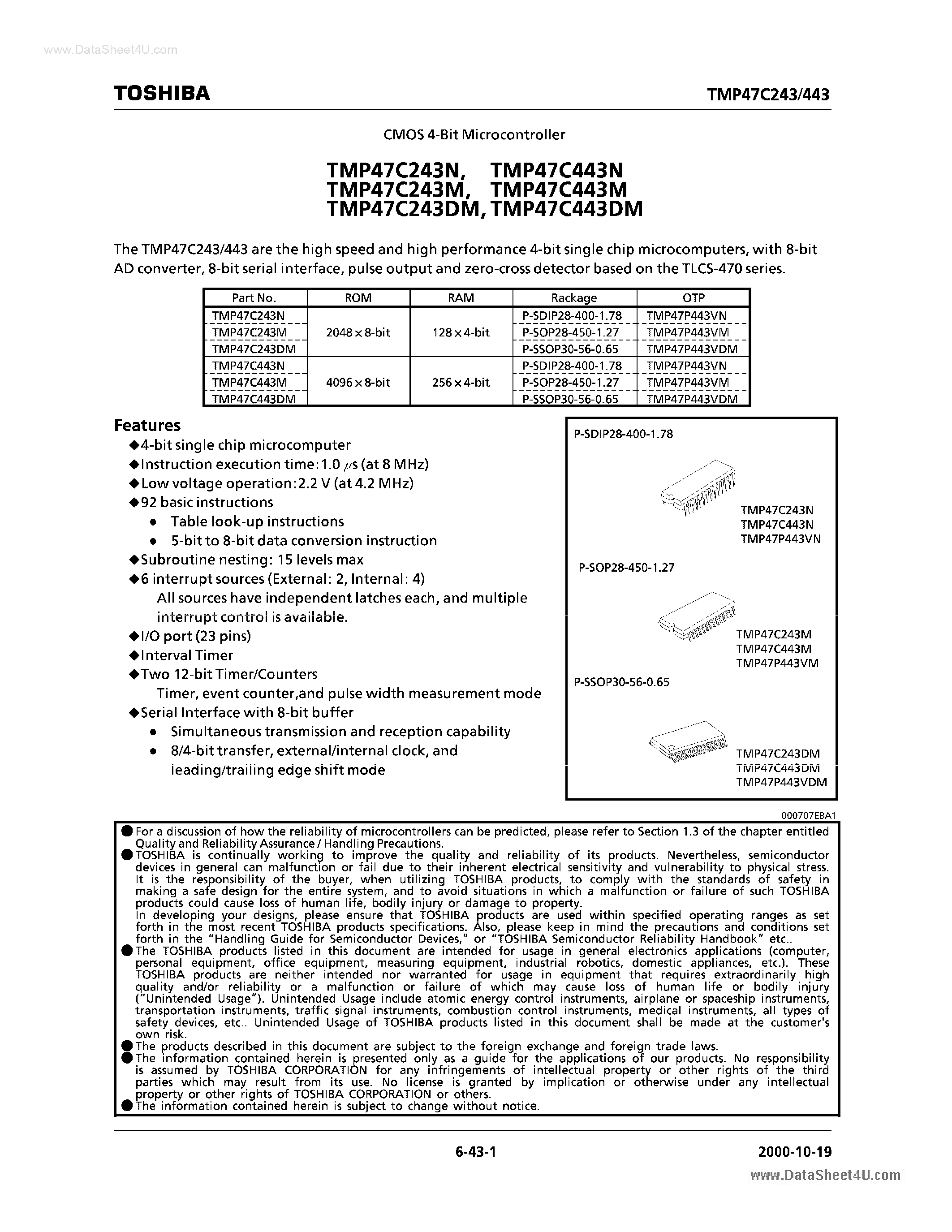 Datasheet 47C443NHK81 page 1 Datasheet 47C443NHK81 - Search ---> TMP47C443N / KMP47C443N page 1