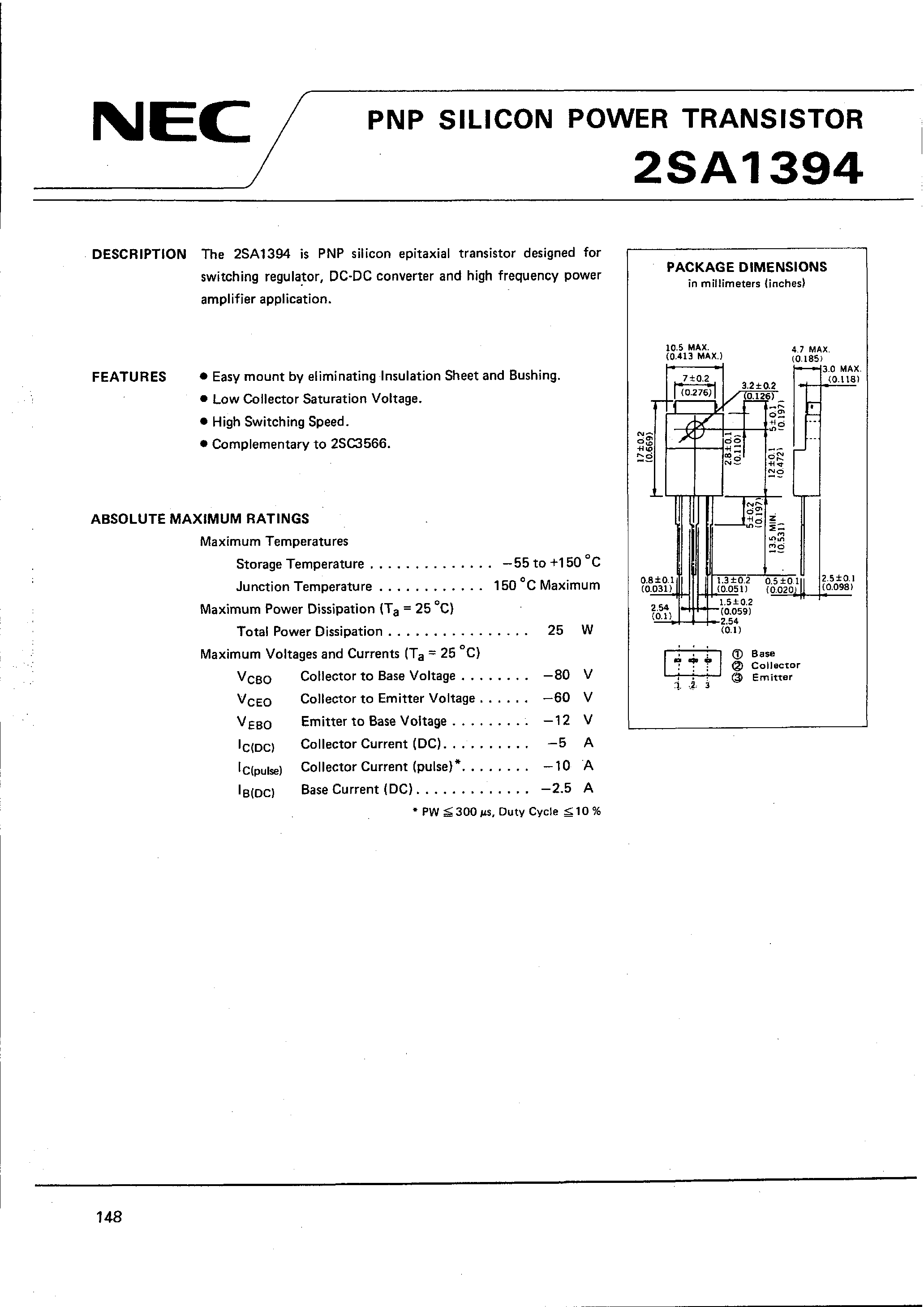 Datasheet 2SA1394 - PNP SILICON POWER TRANSISTOR page 1
