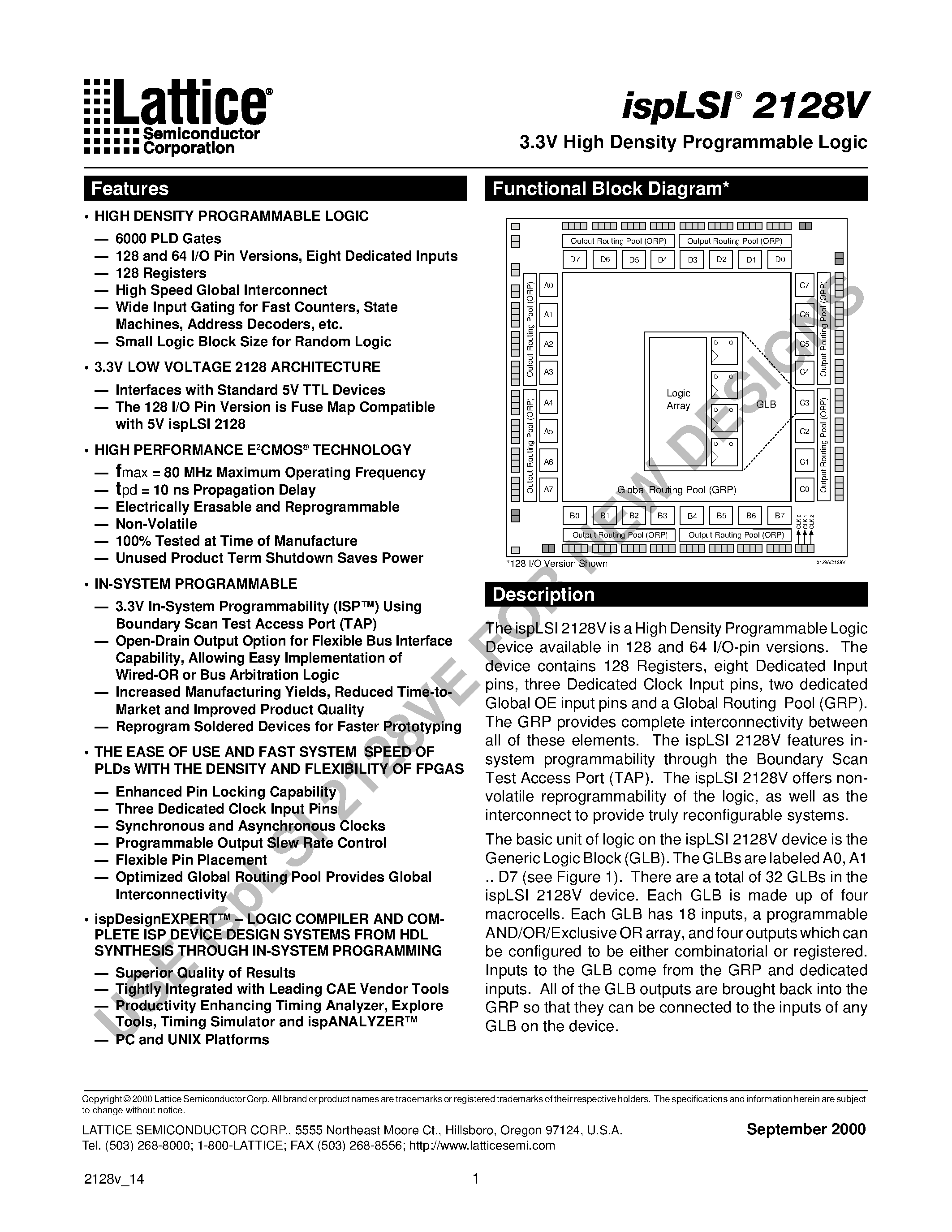 Datasheet ISPLSI2128V - 3.3V High Density Programmable Logic page 1