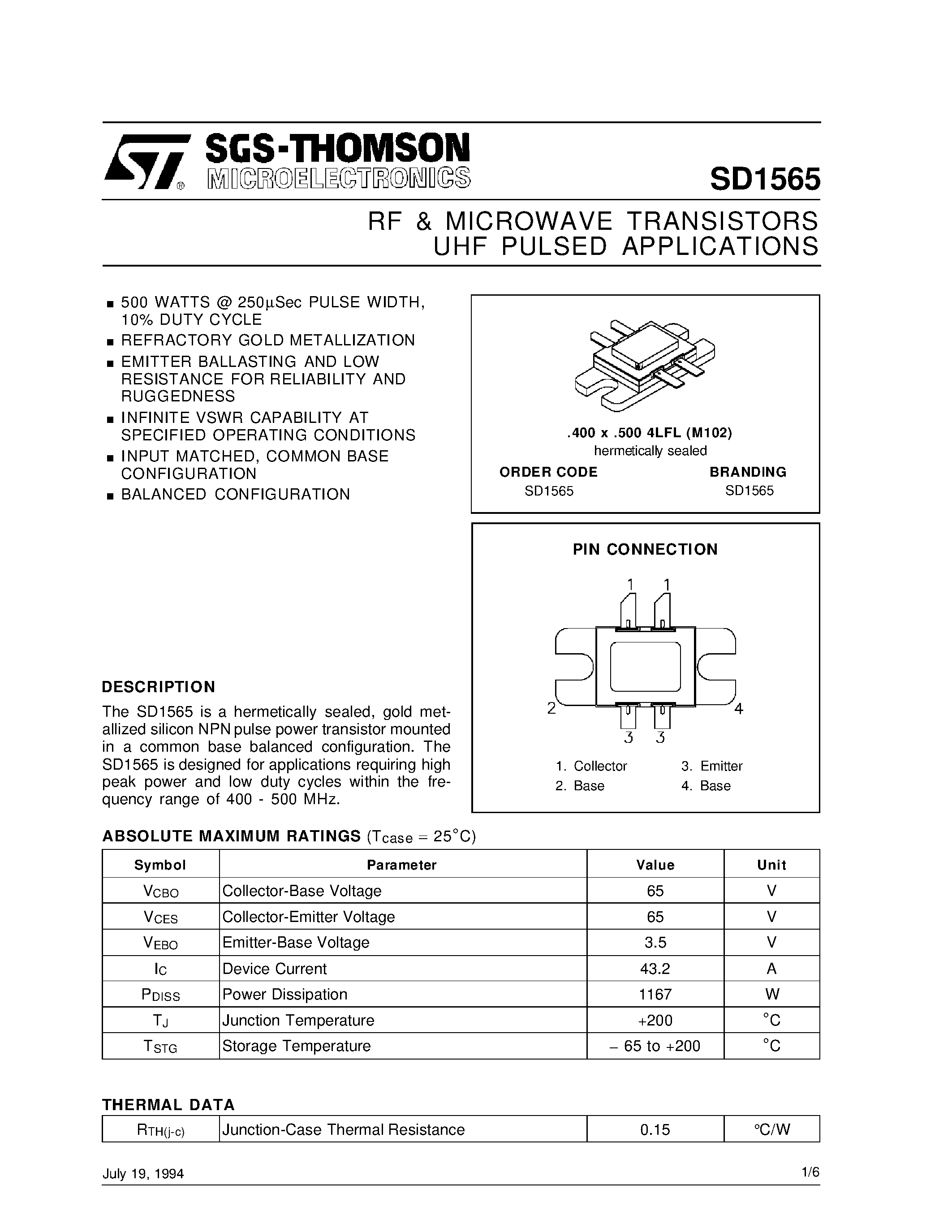 Datasheet SD1565 page 1 Datasheet SD1565 - RF & MICROWAVE TRANSISTORS UHF PULSED APPLICATIONS page 1