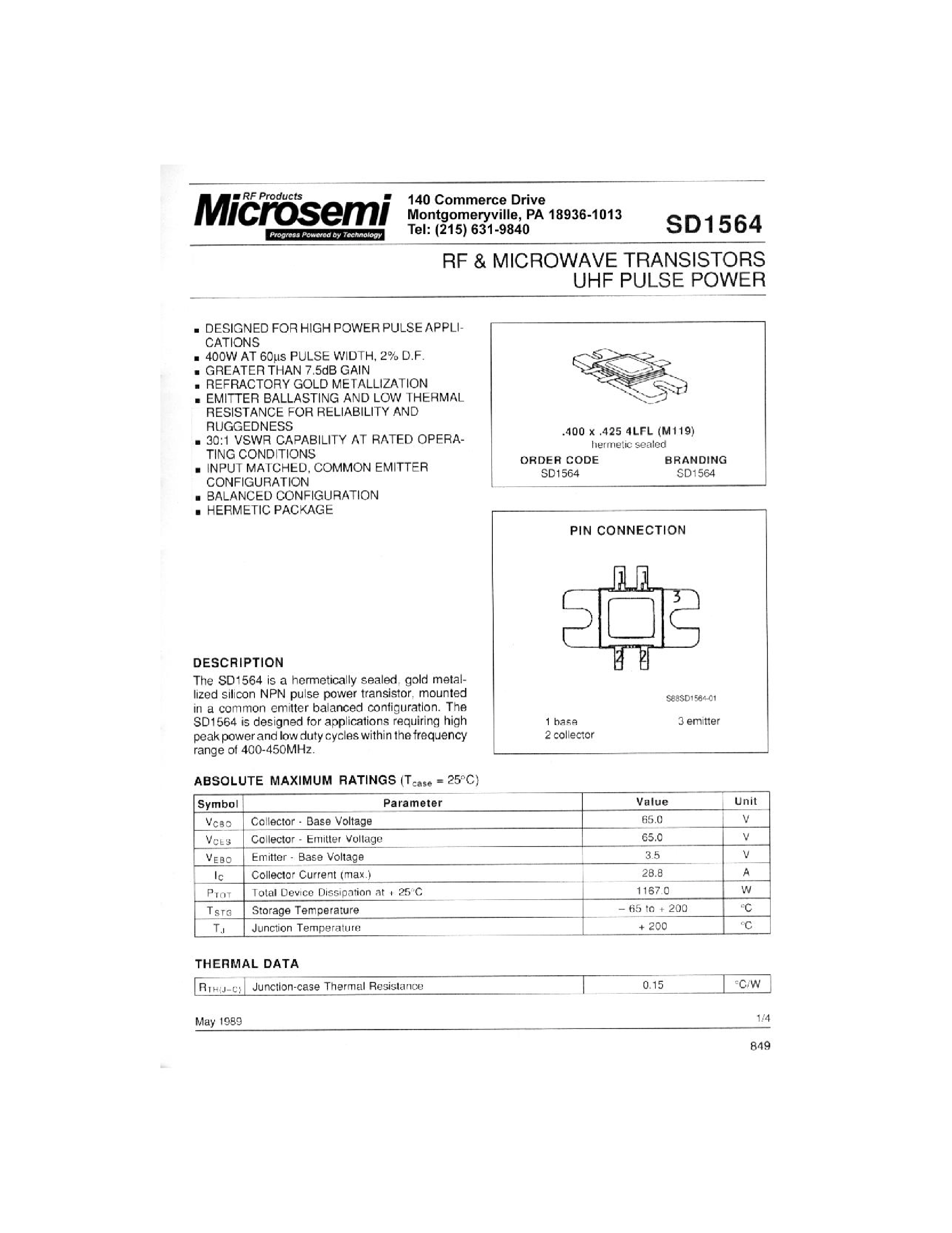 Datasheet SD1564 - RF & MICROWAVE TRANSISTORS UHF PULSE POWER page 1
