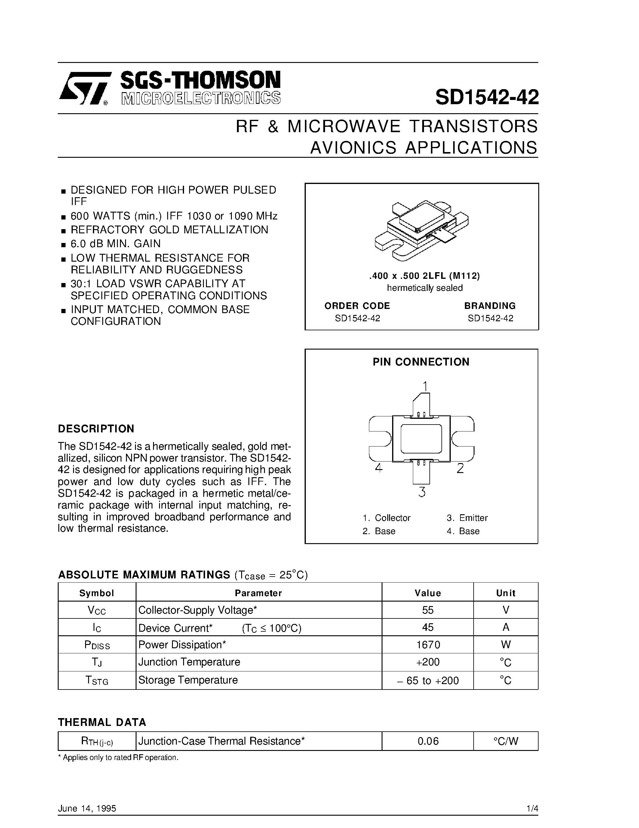 Datasheet SD1542-42 page 1 Datasheet SD1542-42 - RF & MICROWAVE TRANSISTORS AVIONICS APPLICATIONS page 1