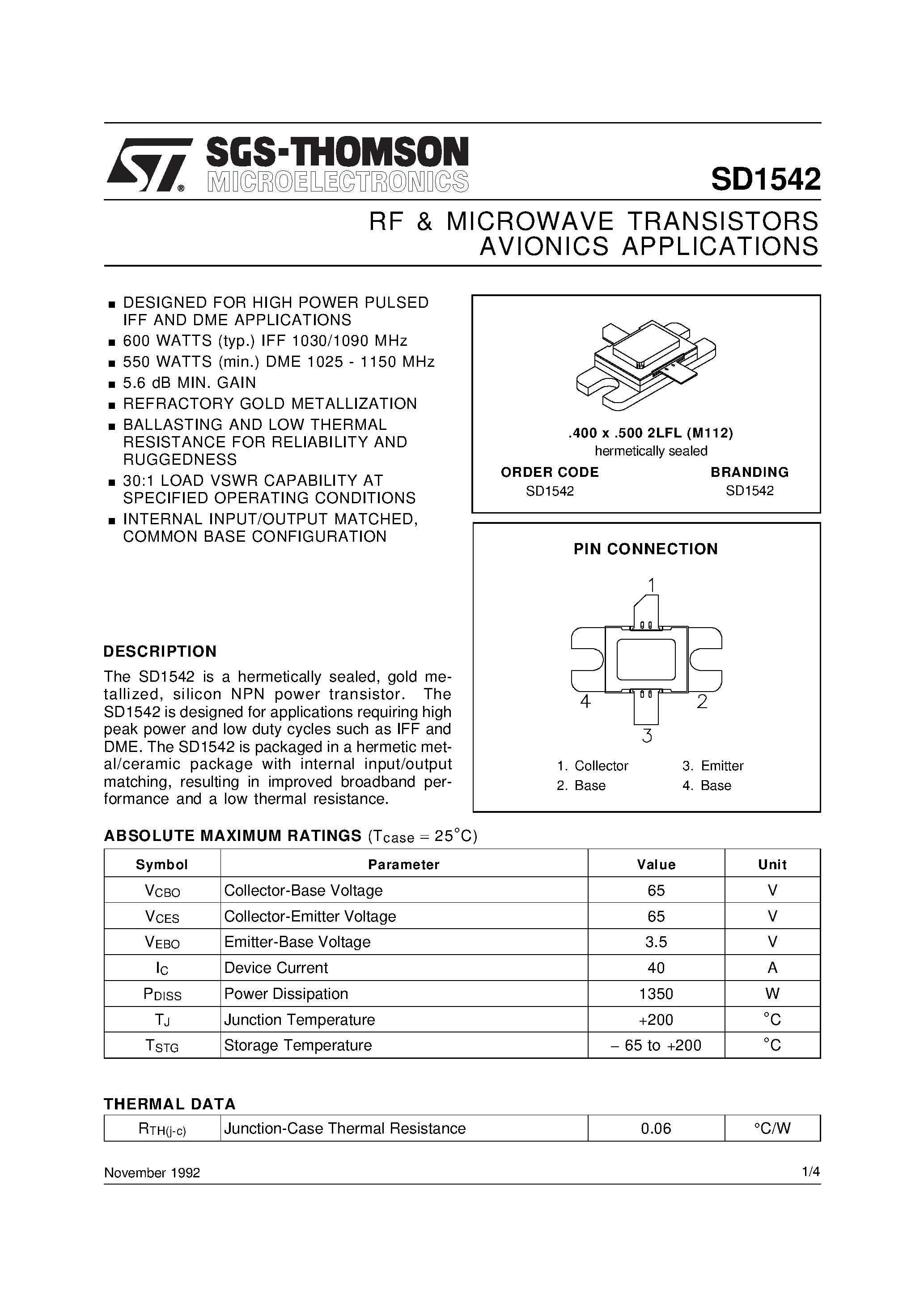Datasheet SD1542 page 1 Datasheet SD1542 - RF & MICROWAVE TRANSISTORS AVIONICS APPLICATIONS page 1