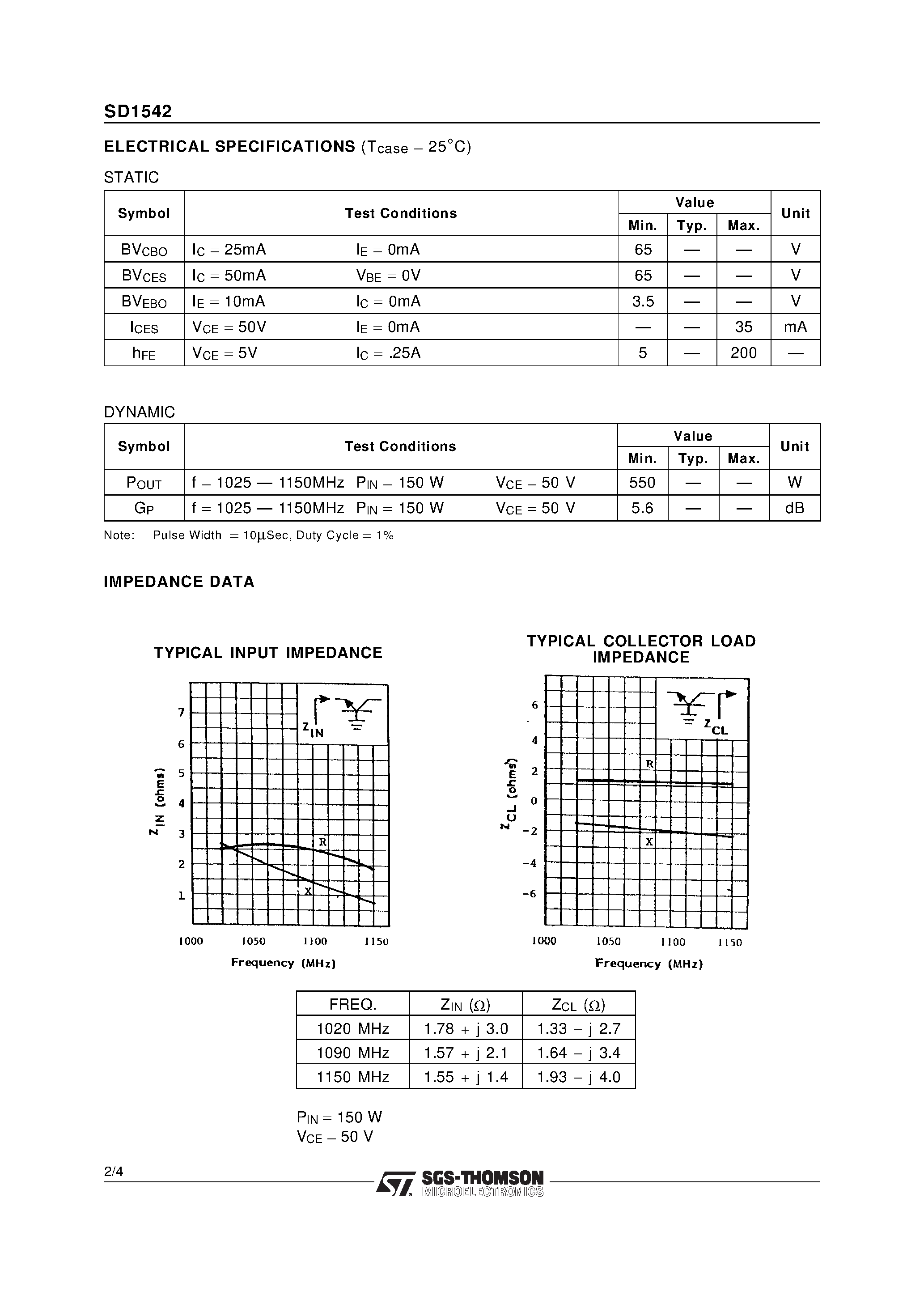 Datasheet SD1542 page 2 Datasheet SD1542 - RF & MICROWAVE TRANSISTORS AVIONICS APPLICATIONS page 2