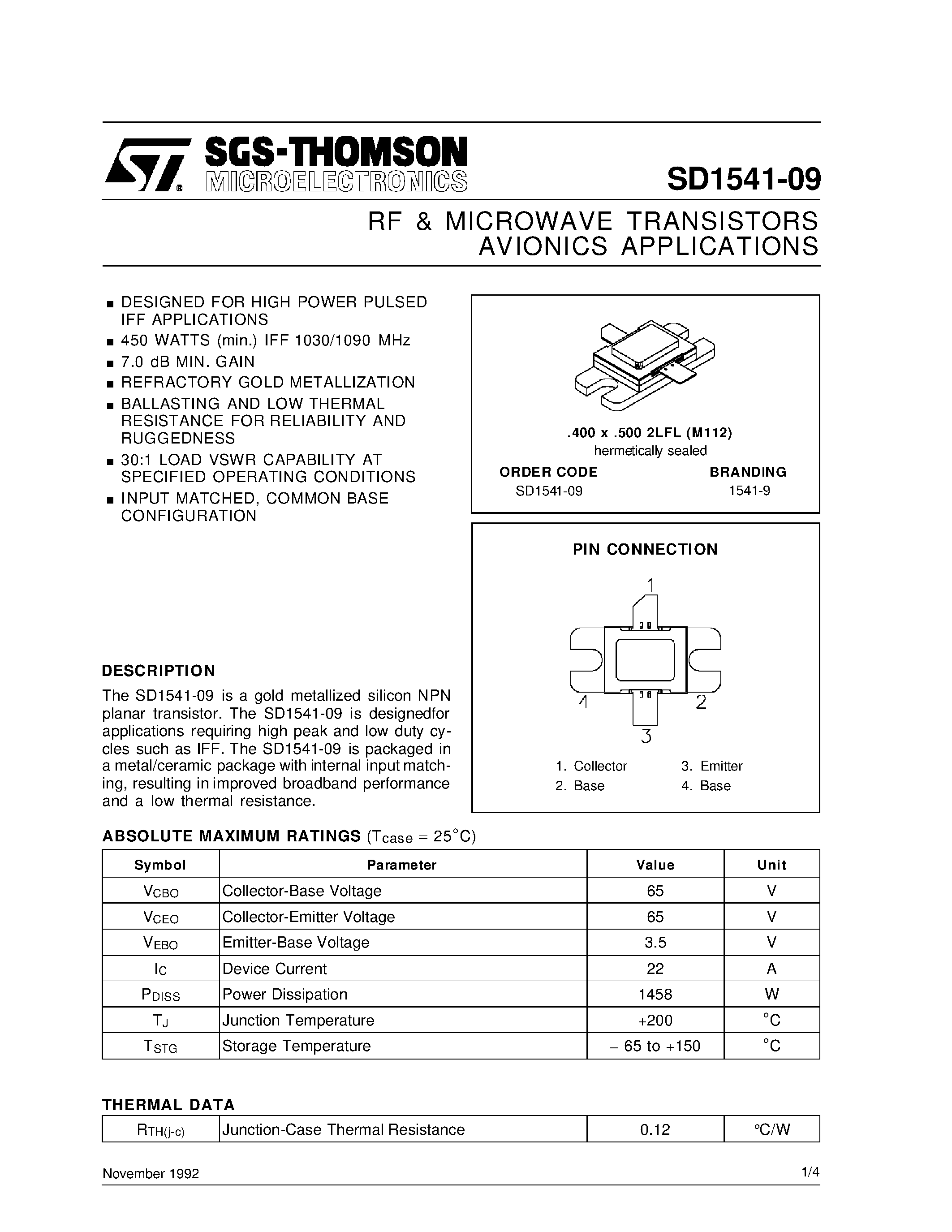 Datasheet SD1541-09 page 1 Datasheet SD1541-09 - RF & MICROWAVE TRANSISTORS AVIONICS APPLICATIONS page 1