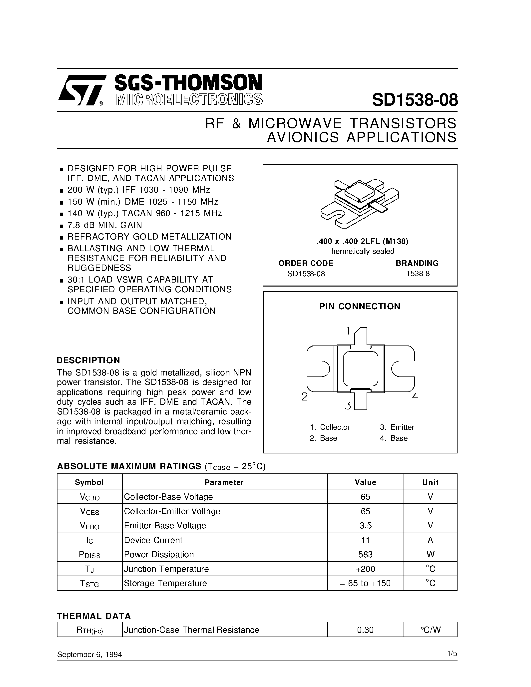 Datasheet SD1538-08 page 1 Datasheet SD1538-08 - RF & MICROWAVE TRANSISTORS AVIONICS APPLICATIONS page 1