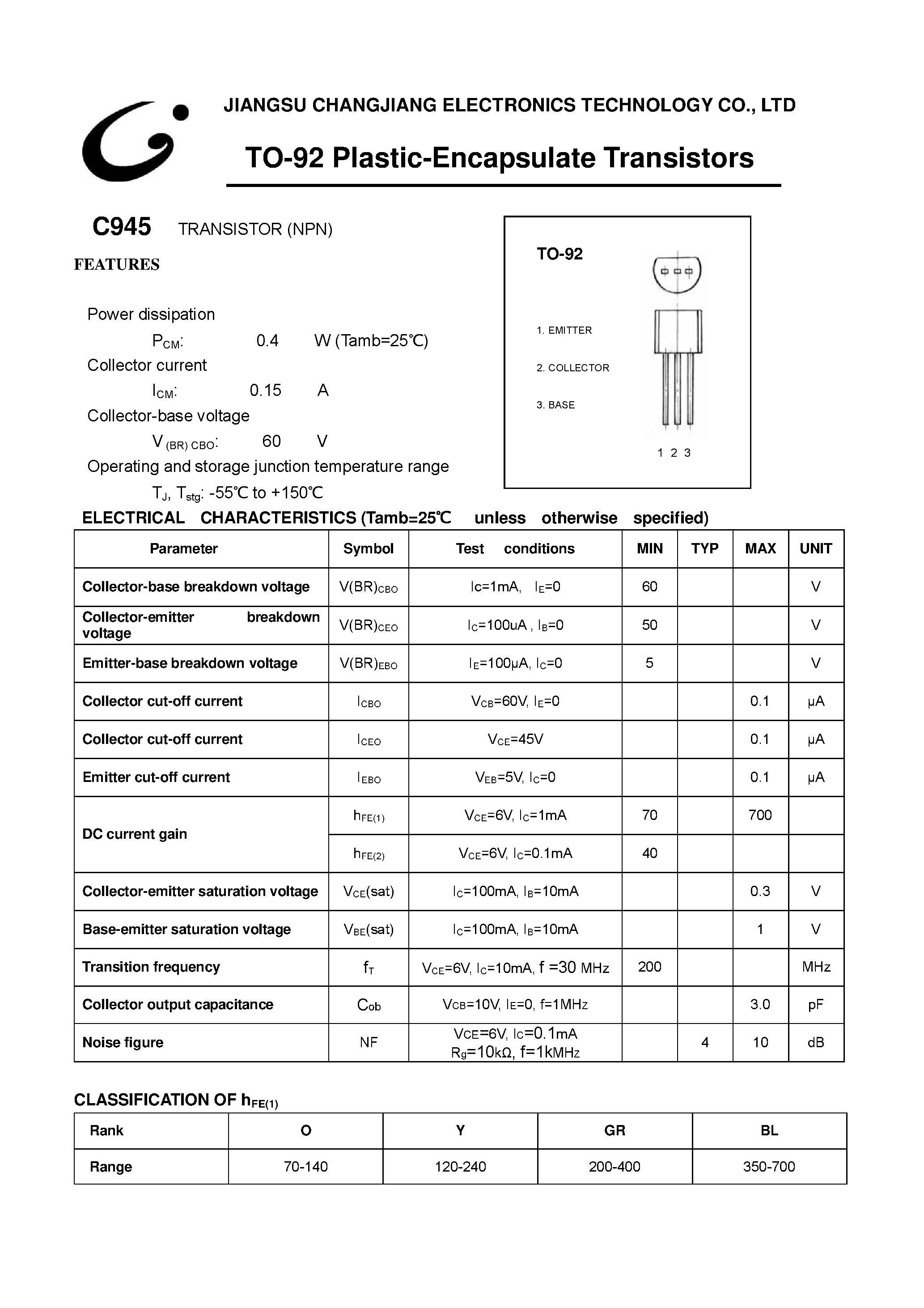 Даташит C945 - TO-92 Plastic Encapsulate Transistors страница 1