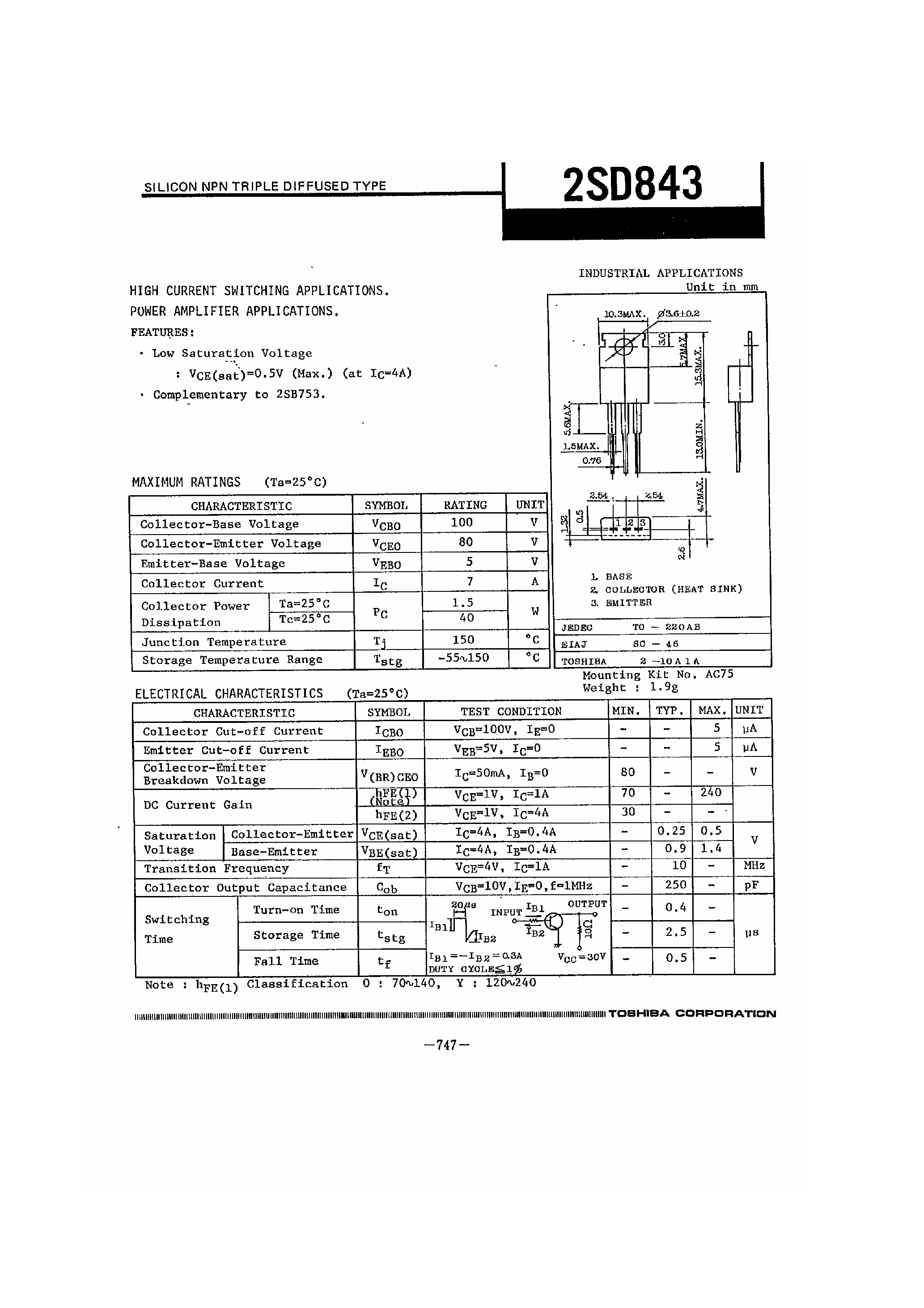 Даташит на микросхему 2SD843 страница 1 Даташит 2SD843 - HIGH CURRENT SWITCHING APPLICATIONS страница 1