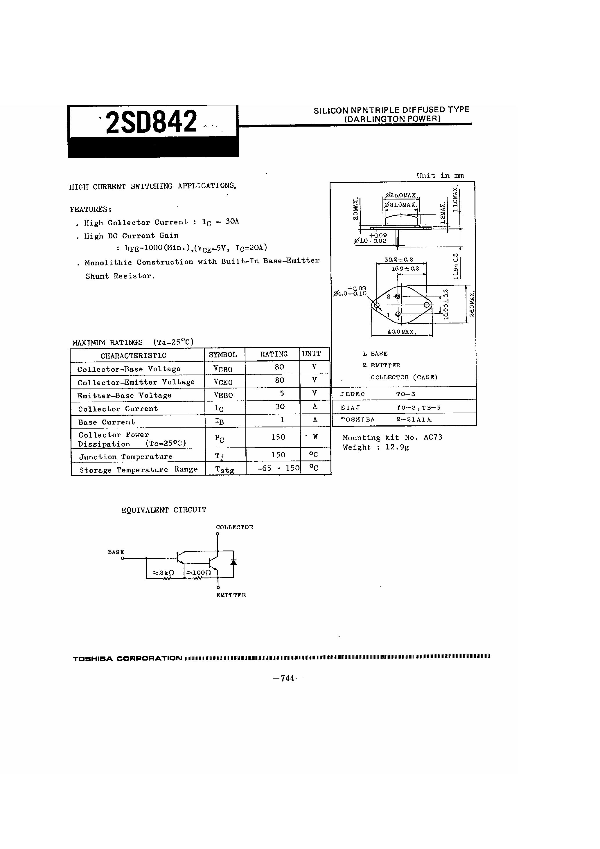 Даташит на микросхему 2SD842 страница 1 Даташит 2SD842 - HIGH CURRENT SWITCHING APPLICATIONS страница 1