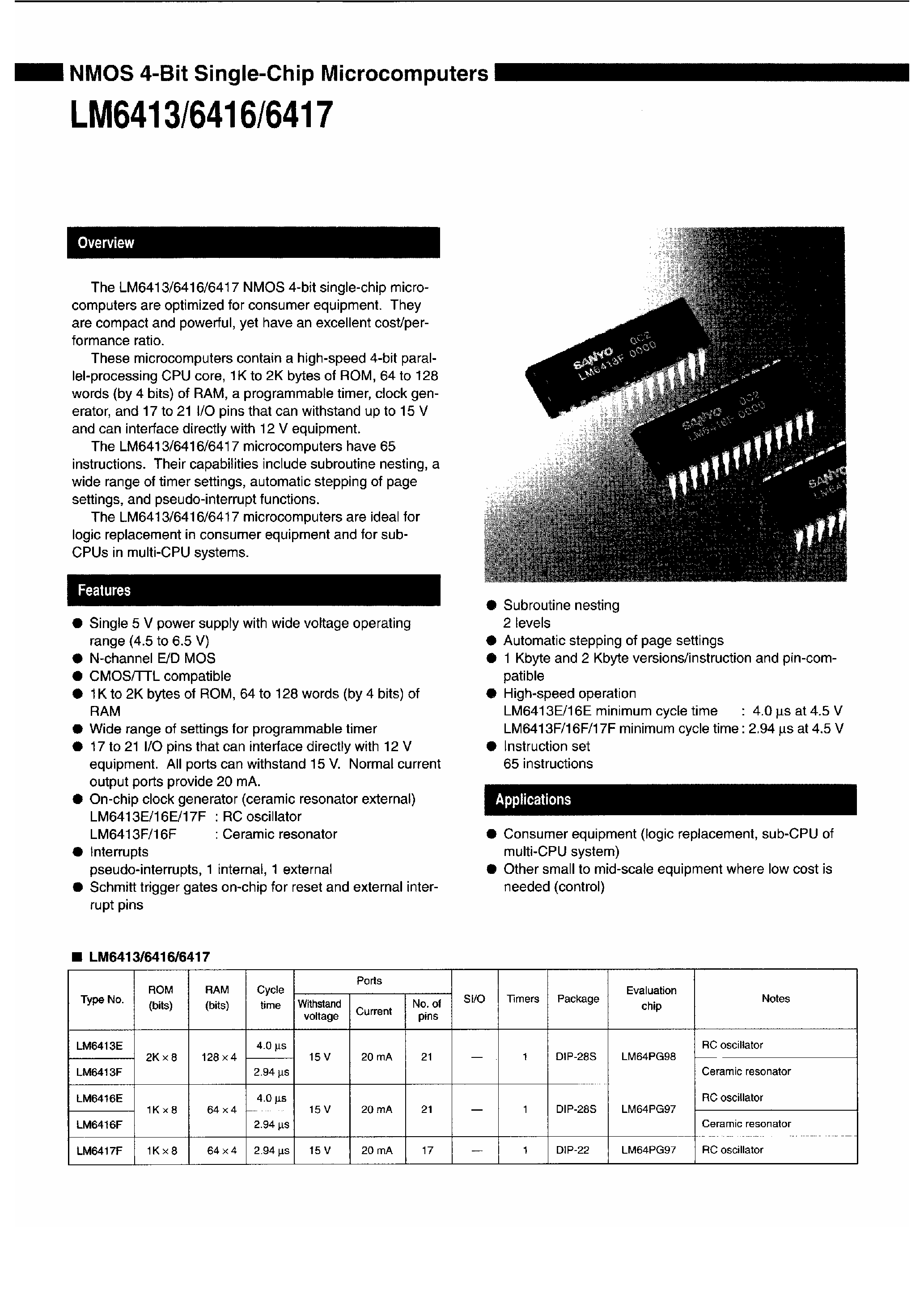 Даташит LM6413-(LM6413 / LM6416 / LM6417) NMOS 4-Bit Single-Chip Microcomputers страница 1