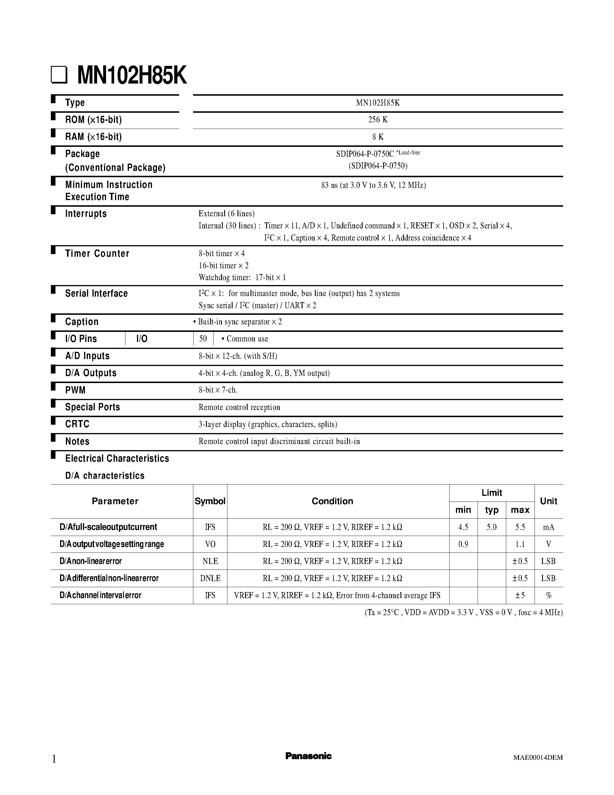 Datasheet MN102H85K - 83 ns (at 3.0 V to 3.6 V 12 MHz) page 1