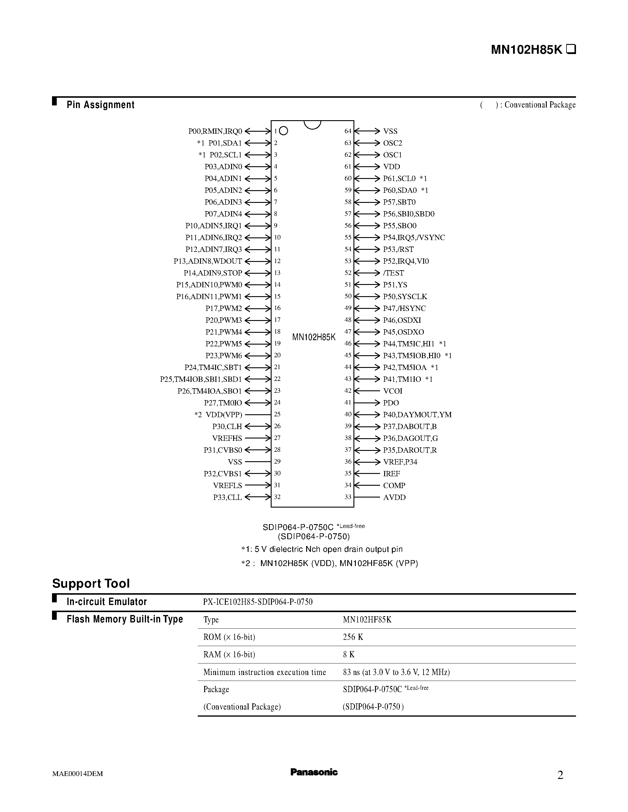 Datasheet MN102H85K - 83 ns (at 3.0 V to 3.6 V 12 MHz) page 2