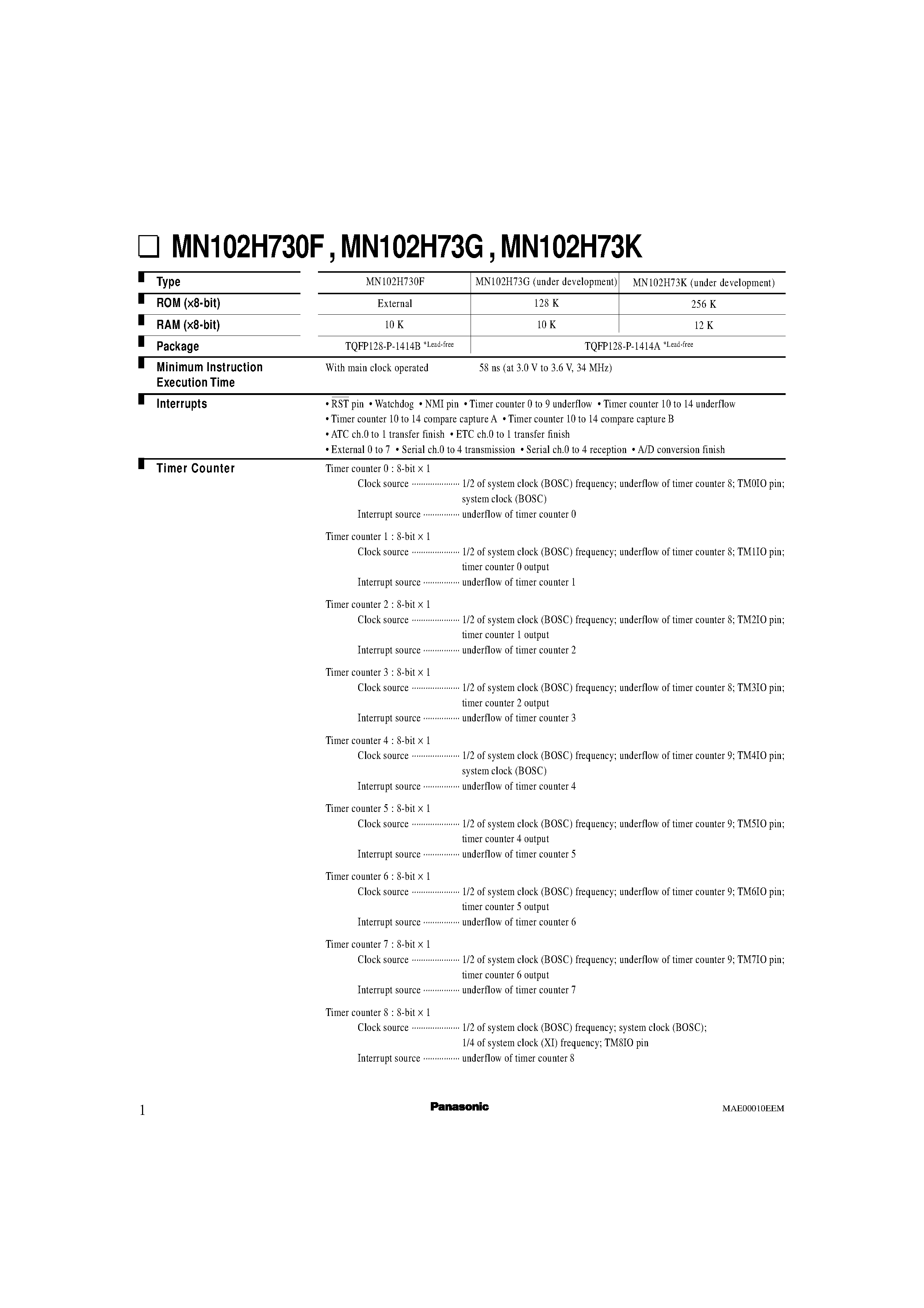 Datasheet MN102H73 - With main clock operated 58 ns (at 3.0 V to 3.6 V 34 MHz) page 1