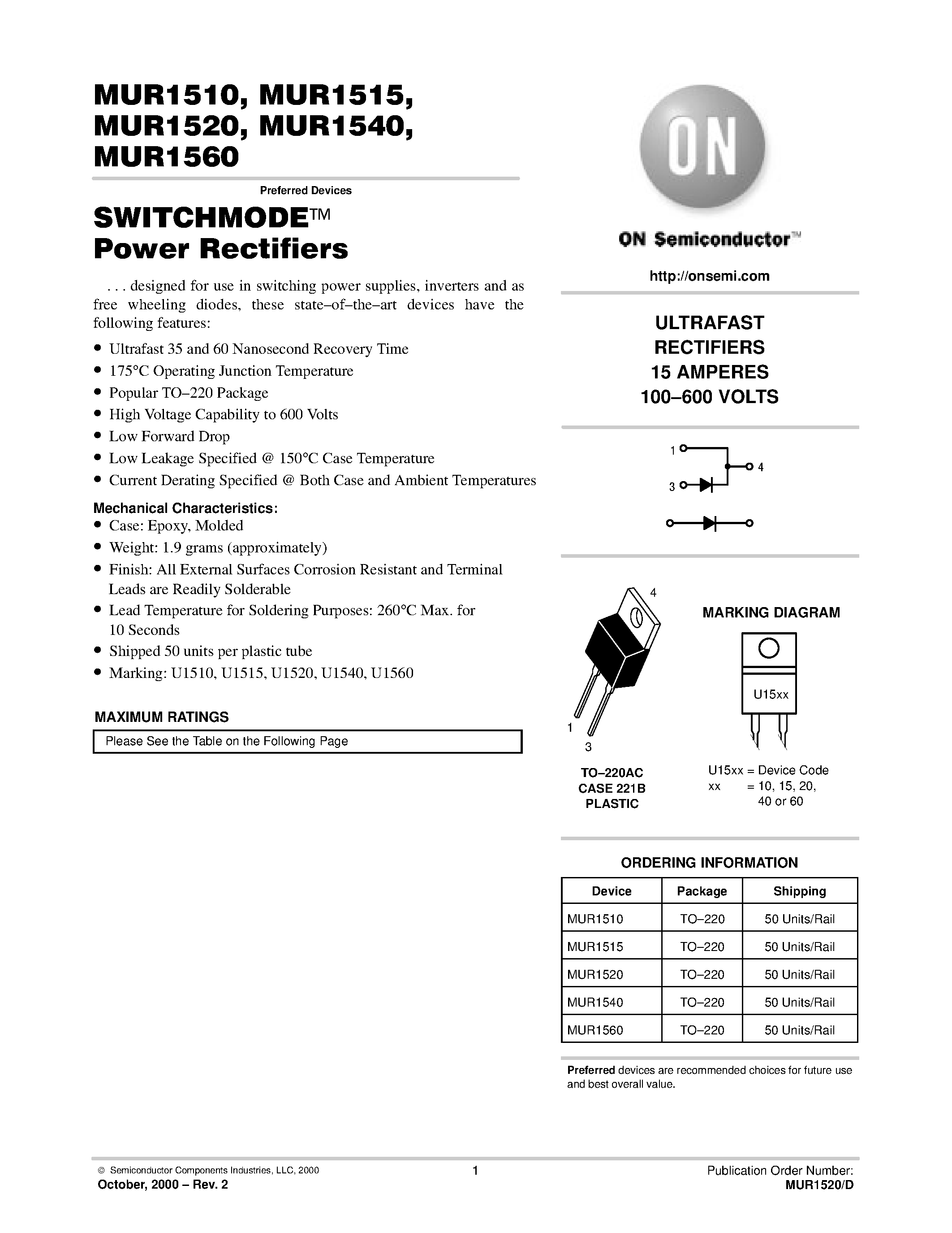 Datasheet MUR1510 page 1 Datasheet MUR1510 - (MUR1510 - MUR1560) SWITCHMODE Power Rectifiers page 1