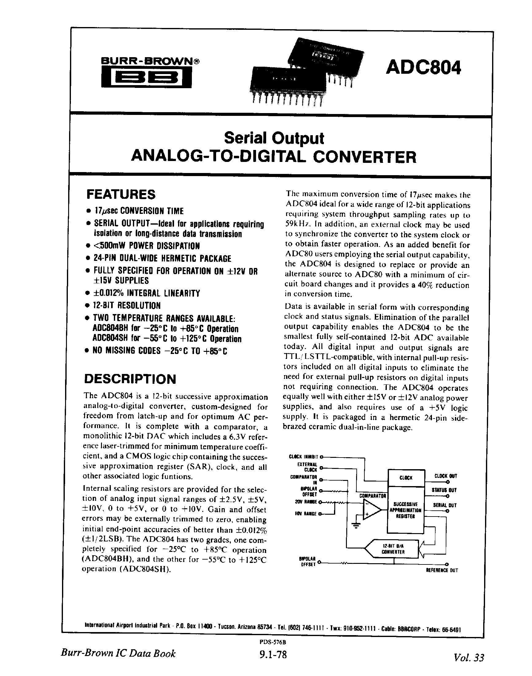 Datasheet ADC804 - Serial Output Analog-To-Digital Converter page 1