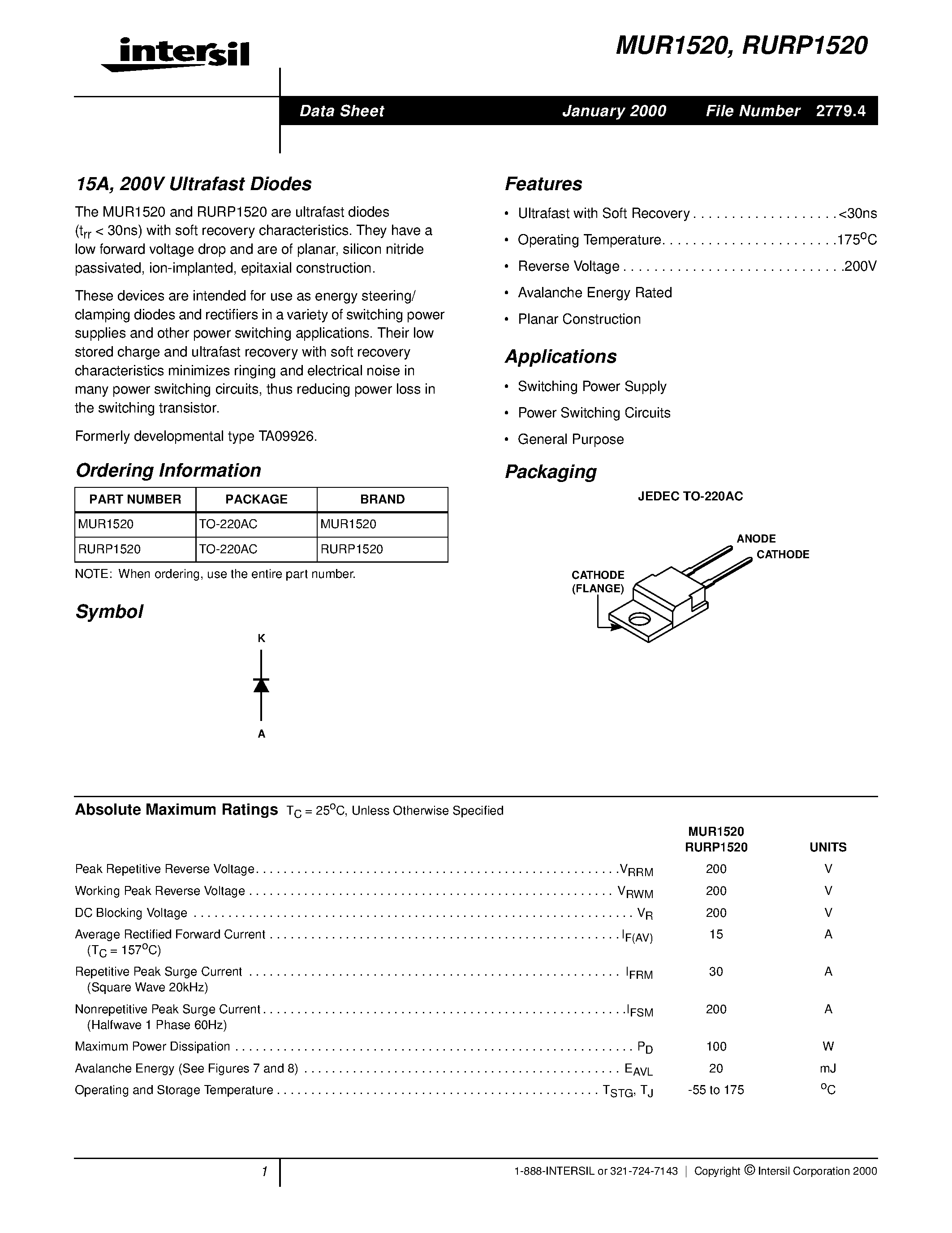 Даташит на микросхему MUR1520 страница 1 Даташит MUR1520 - 15A / 200V Ultrafast Diodes страница 1