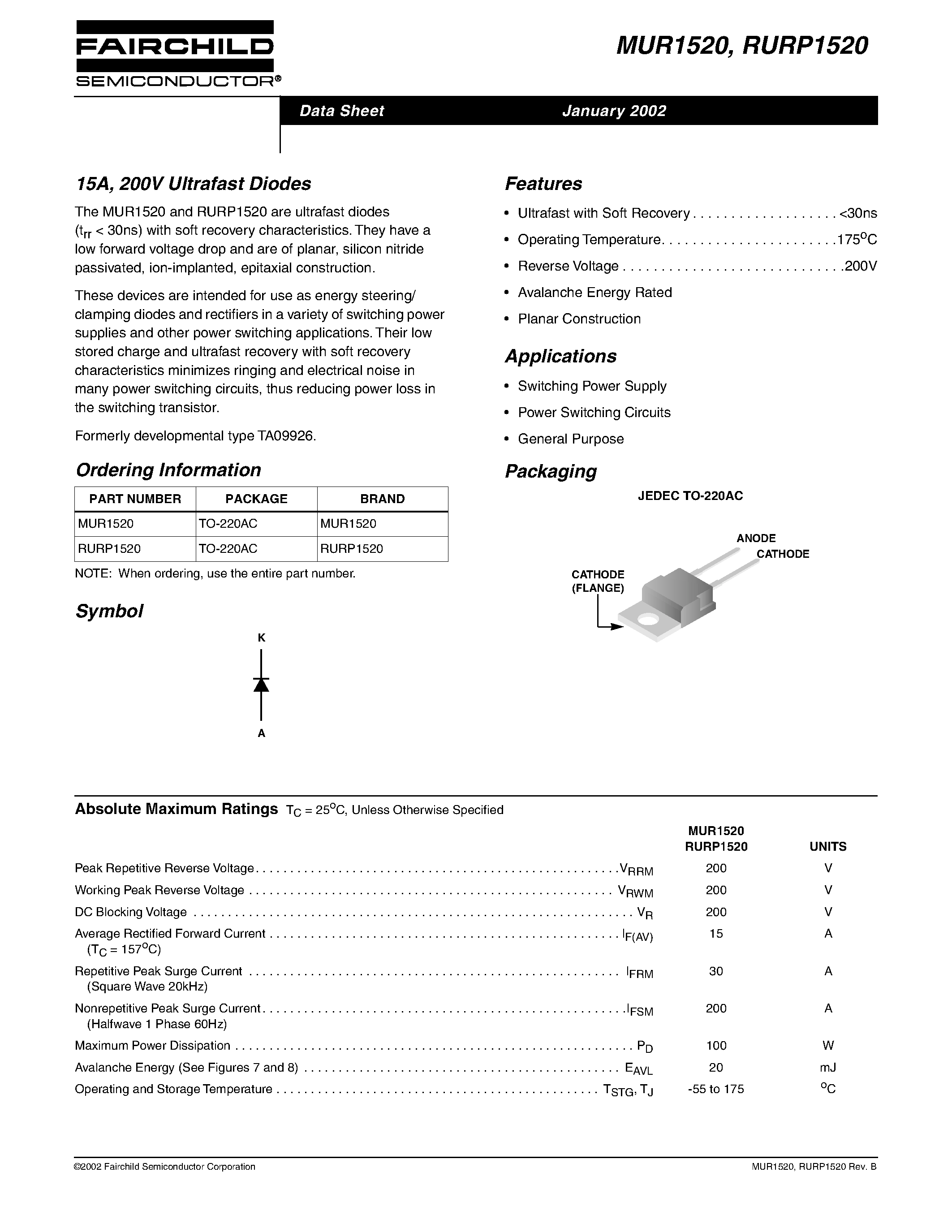 Даташит на микросхему MUR1520 страница 1 Даташит MUR1520 - 15A / 200V Ultrafast Diodes страница 1