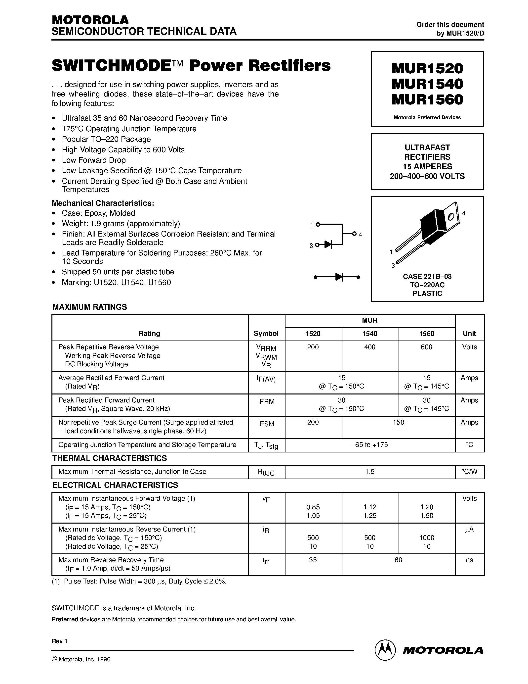 Datasheet MUR1520 page 1 Datasheet MUR1520 - (MUR1520 / MUR1540 / MUR1560) ULTRAFAST RECTIFIERS 15 AMPERES 200-400-600 VOLTS page 1