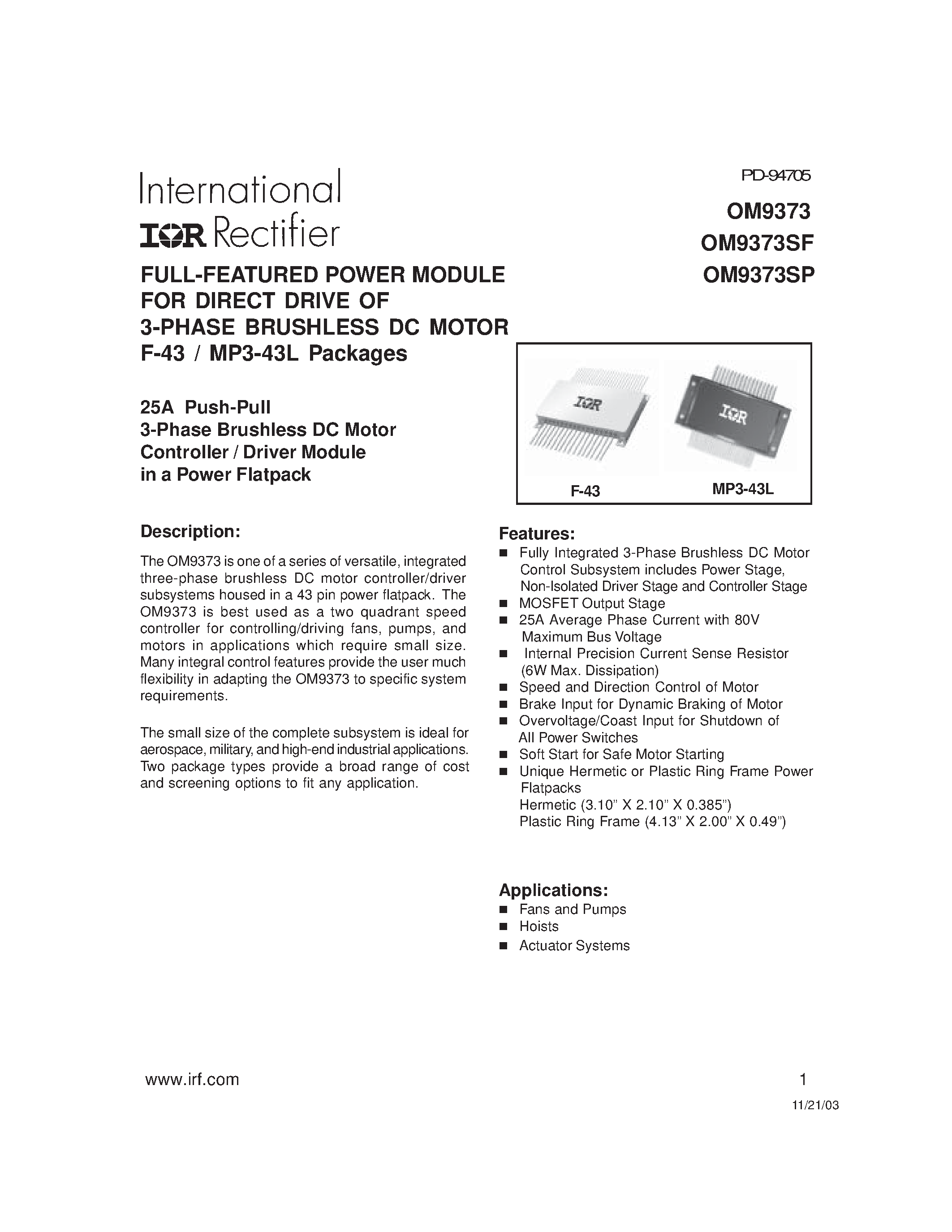 Datasheet OM9373 - FULL-FEATURED POWER MODULE FOR DIRECT DRIVE OF 3-PHASE BRUSHLESS DC MOTOR page 1