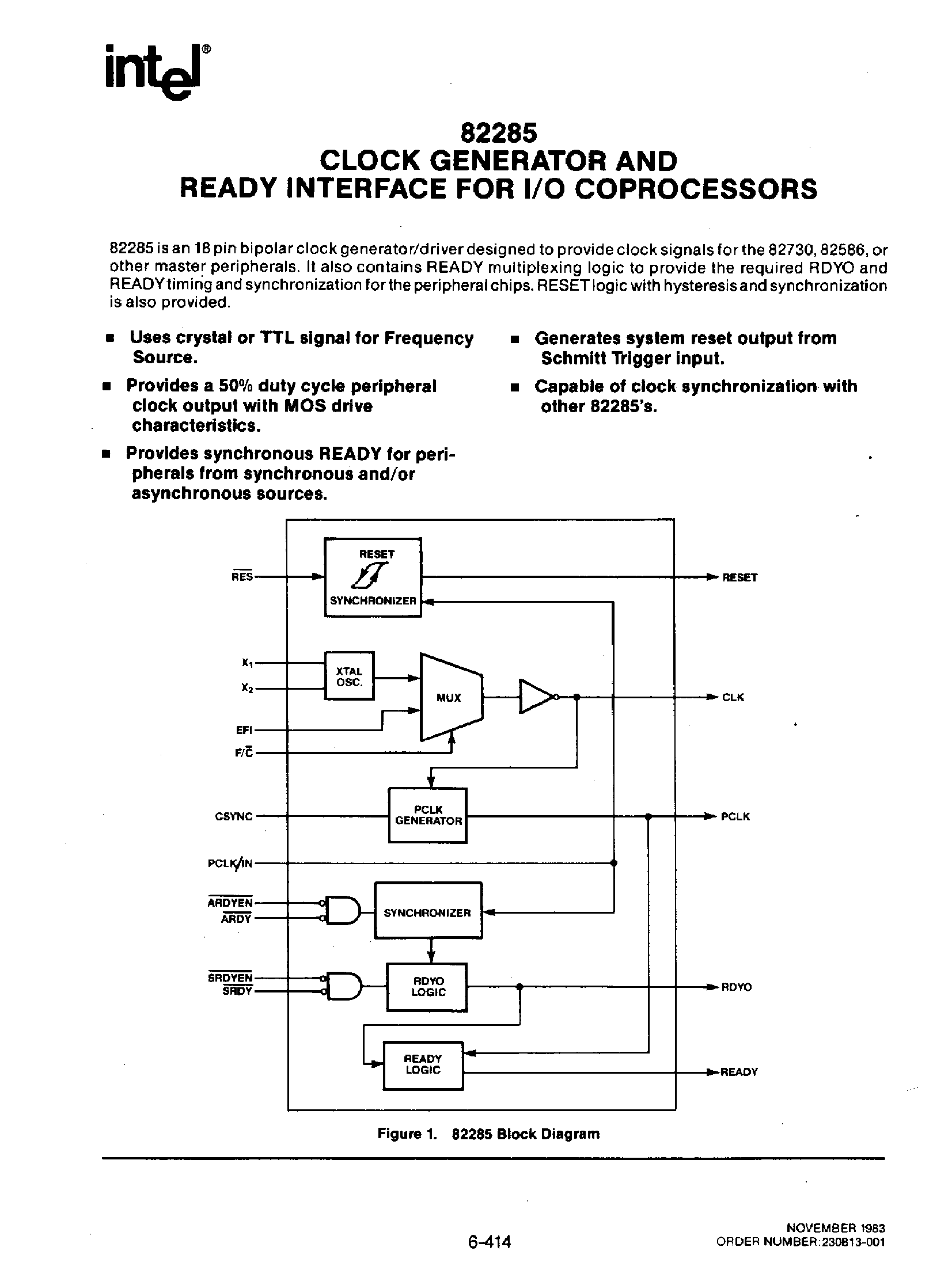 Даташит на микросхему P82285 страница 1 Даташит P82285 - Clock Generator and Ready Interface for I/O Coprocessors страница 1